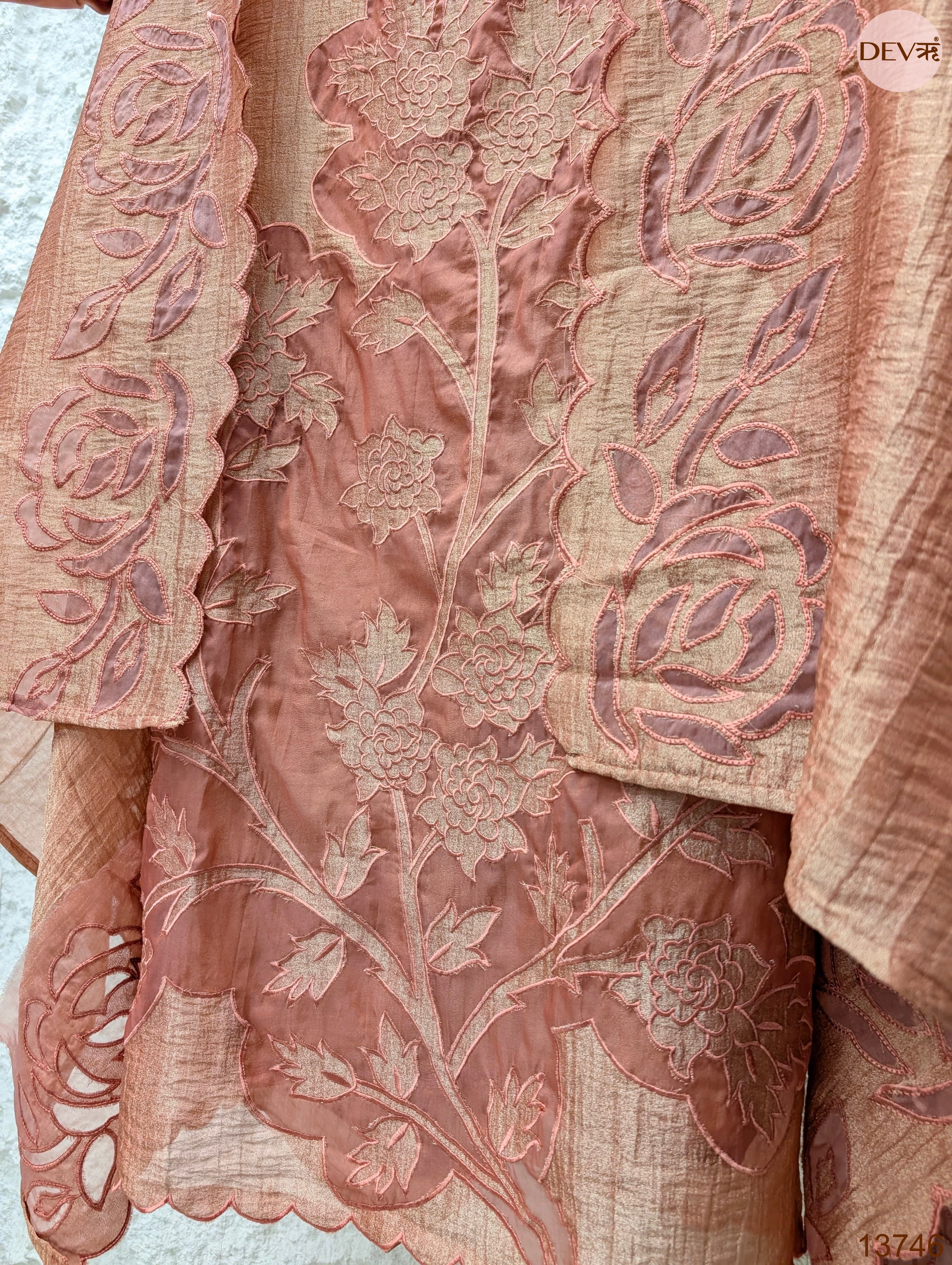 Peach Tissue Crush Silk Embroidered Unstitched 3-Piece Suit (Devri – D.No 13746)