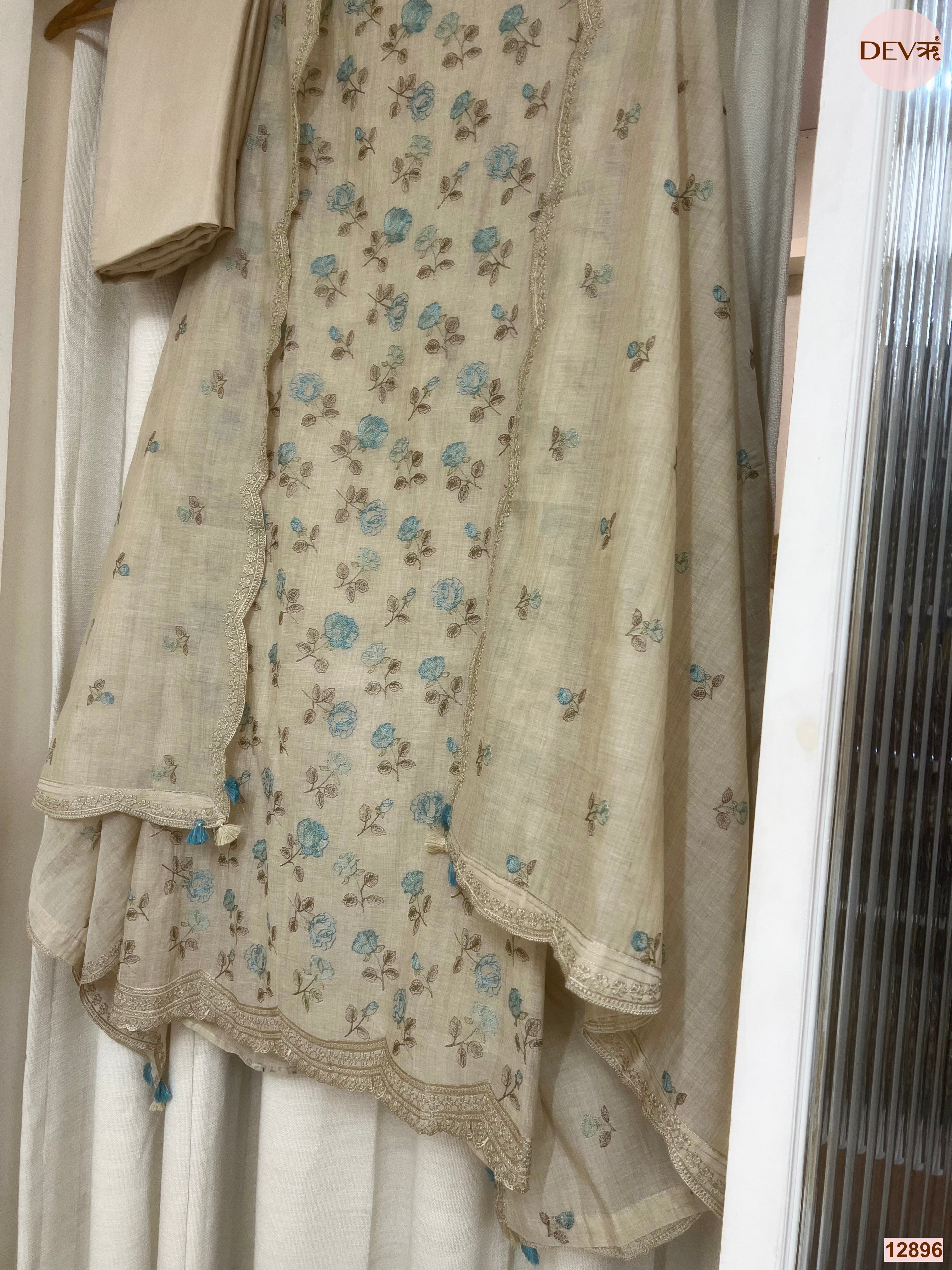 Beige Mul Chanderi Printed Unstitched 3-Piece Suit (Devri – D.No 12896)