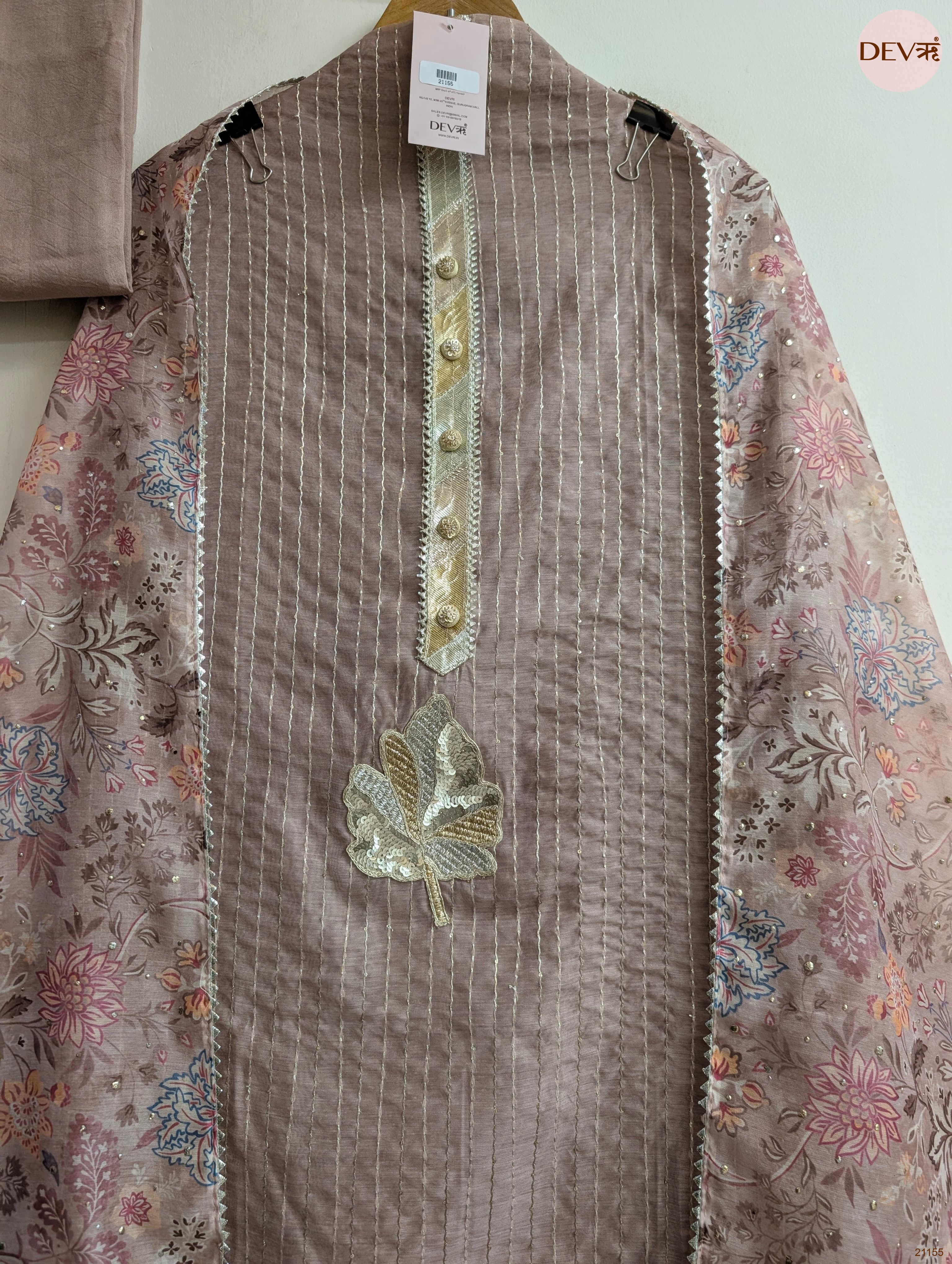 Taupe Pure Chanderi Printed Unstitched 3-Piece Suit (Devri – D.No 21155)
