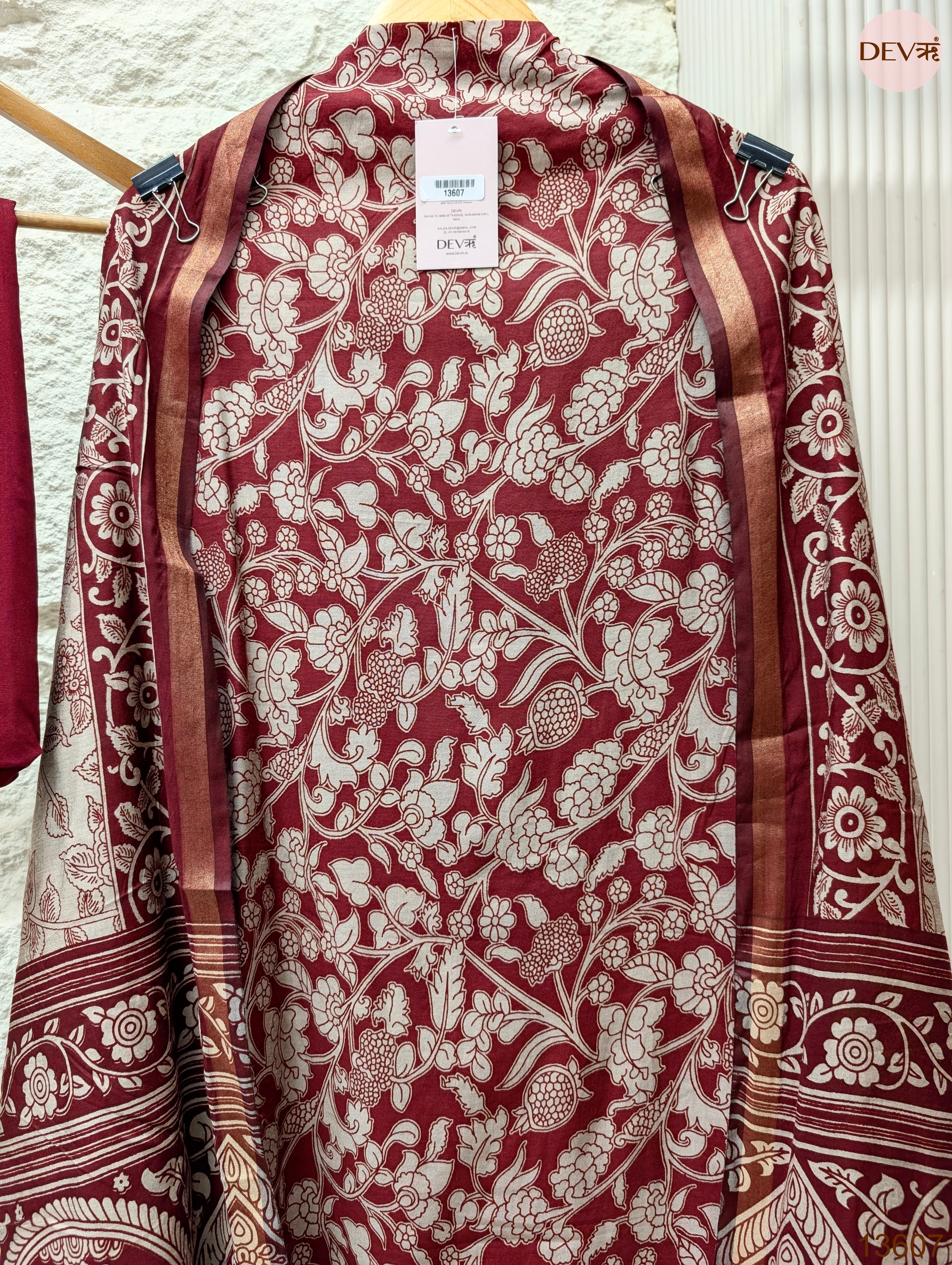 Maroon Maheshwari Silk Printed Unstitched 3-Piece Suit (Devri – D.No 13607)