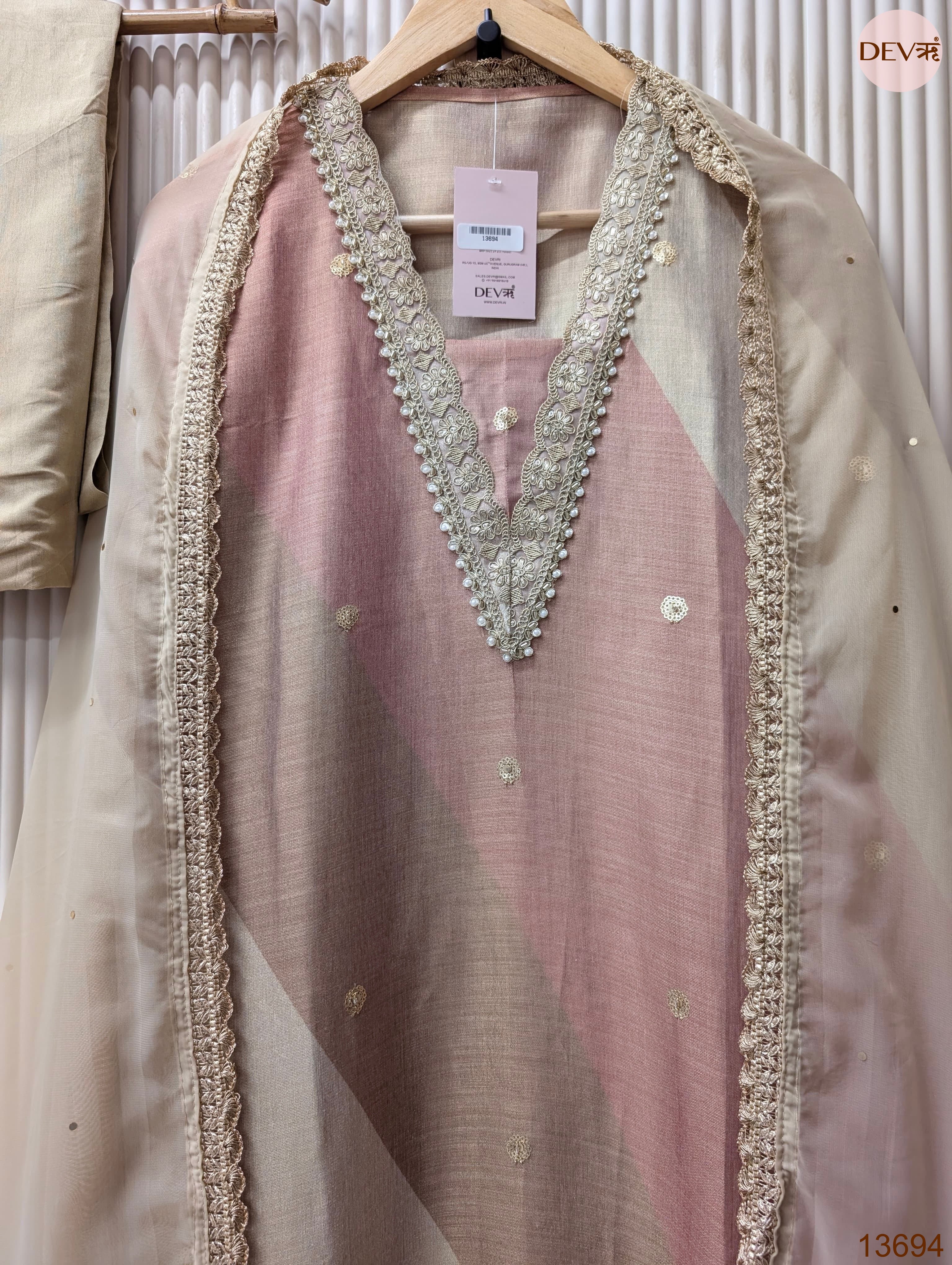 Pink Tissue Silk Embroidered Unstitched 3-Piece Suit (Devri – D.No 13694)