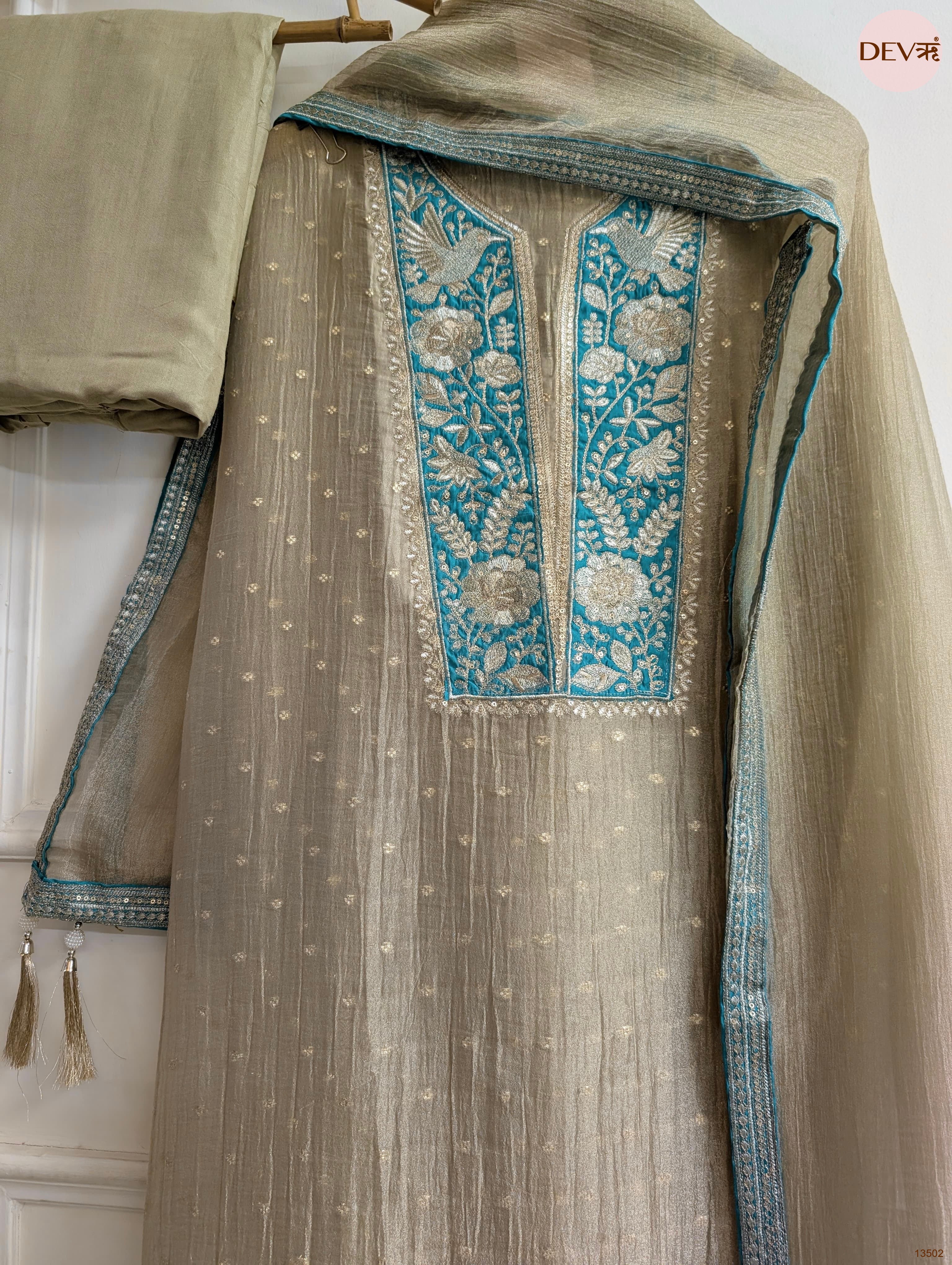 Grey Tissue Silk Embroidered Unstitched 3-Piece Suit (Devri – D.No 13502)