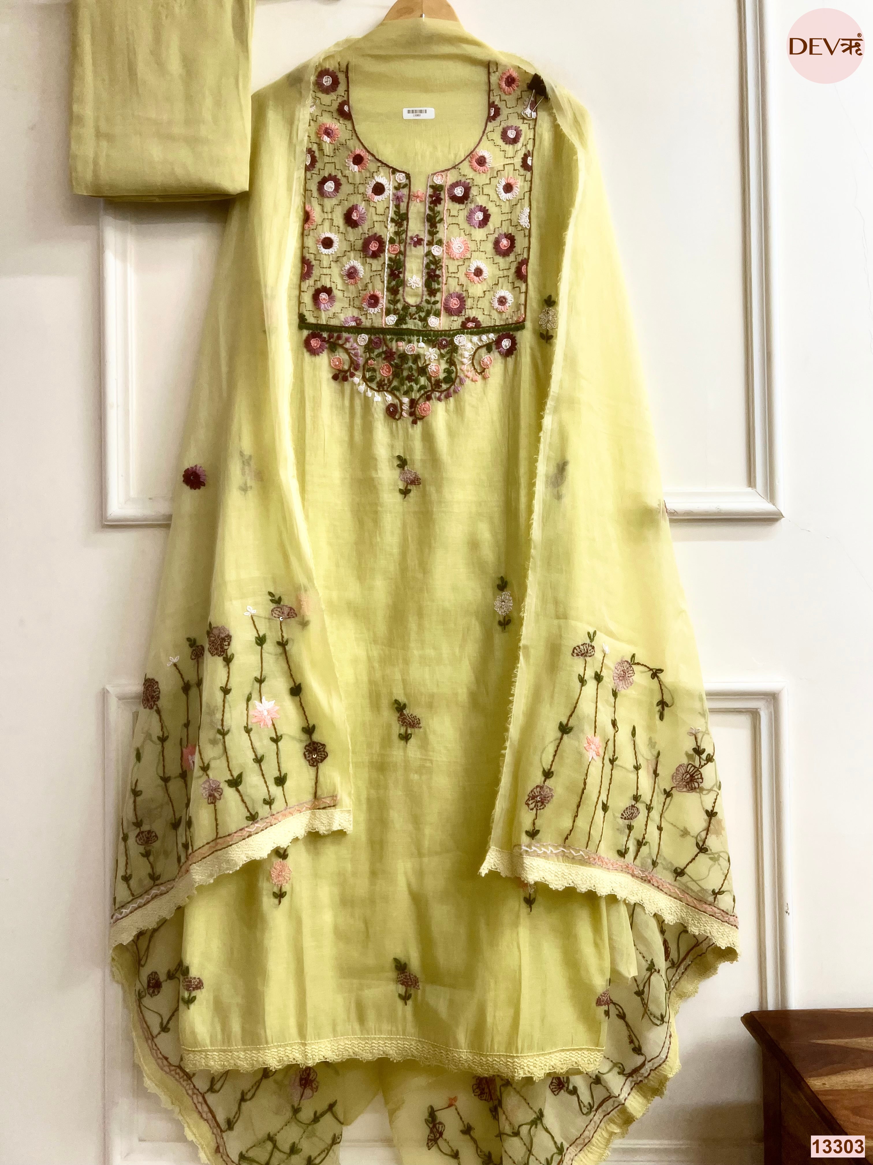 Yellow Mul Chanderi Embroidered Unstitched 3-Piece Suit (Devri – D.No 13303)