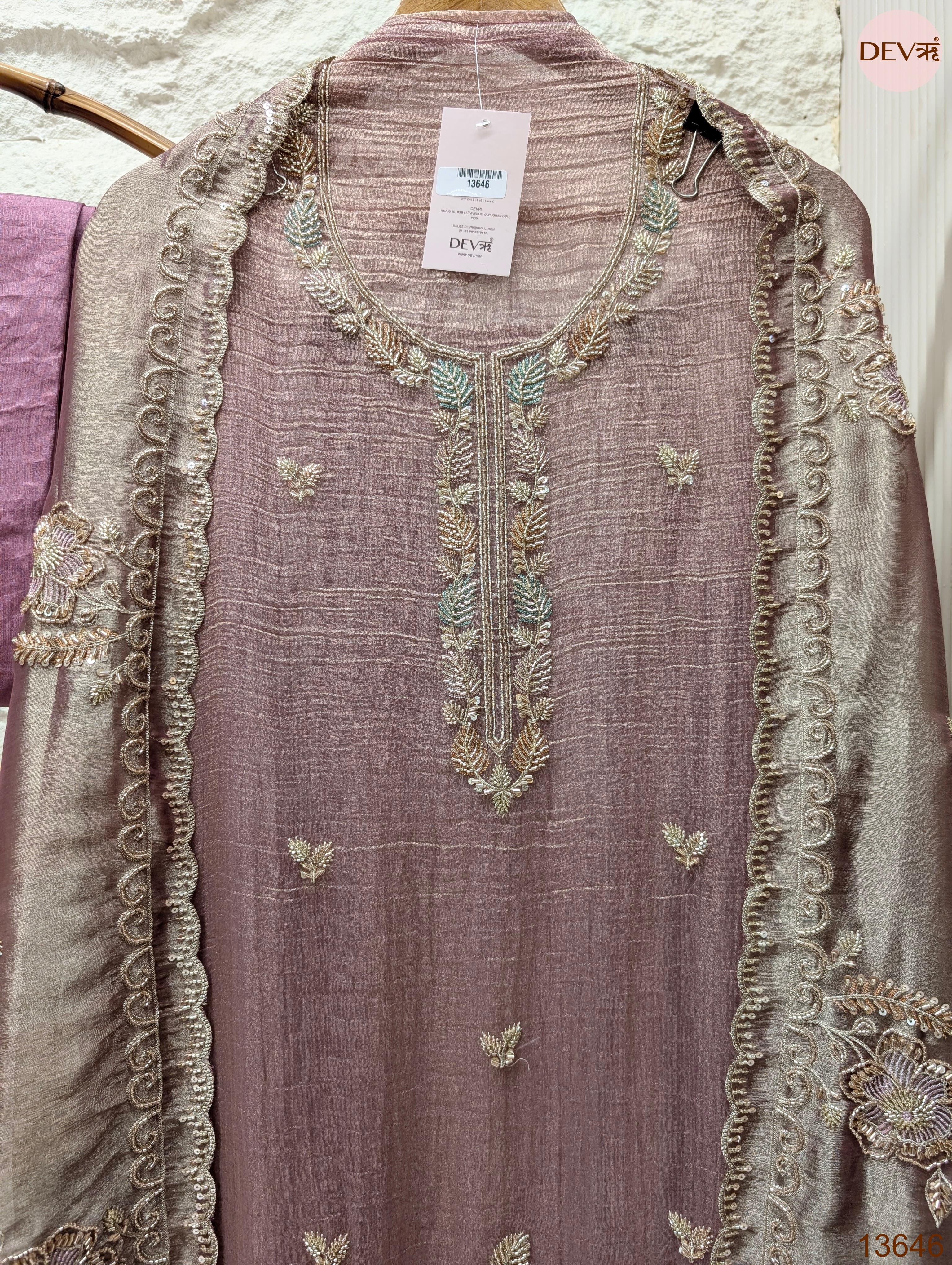 Mauve Tissue Crush Silk Embroidered Unstitched 3-Piece Suit (Devri – D.No 13646)