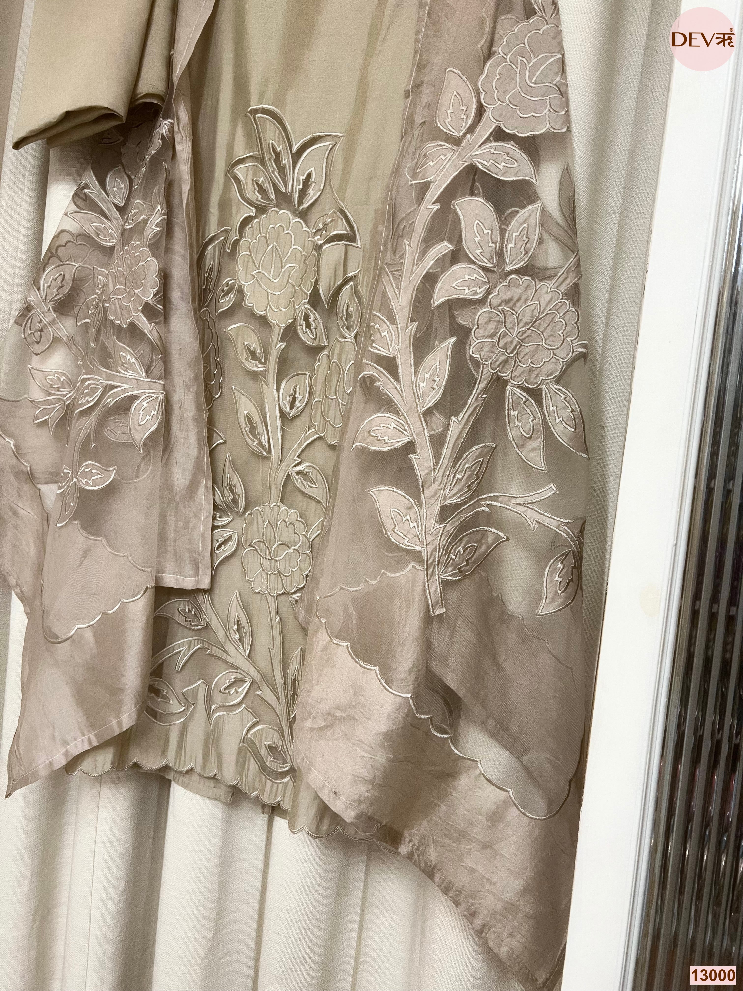 Beige Roman Silk Embroidered Unstitched 3-Piece Suit (Devri – D.No 13000)