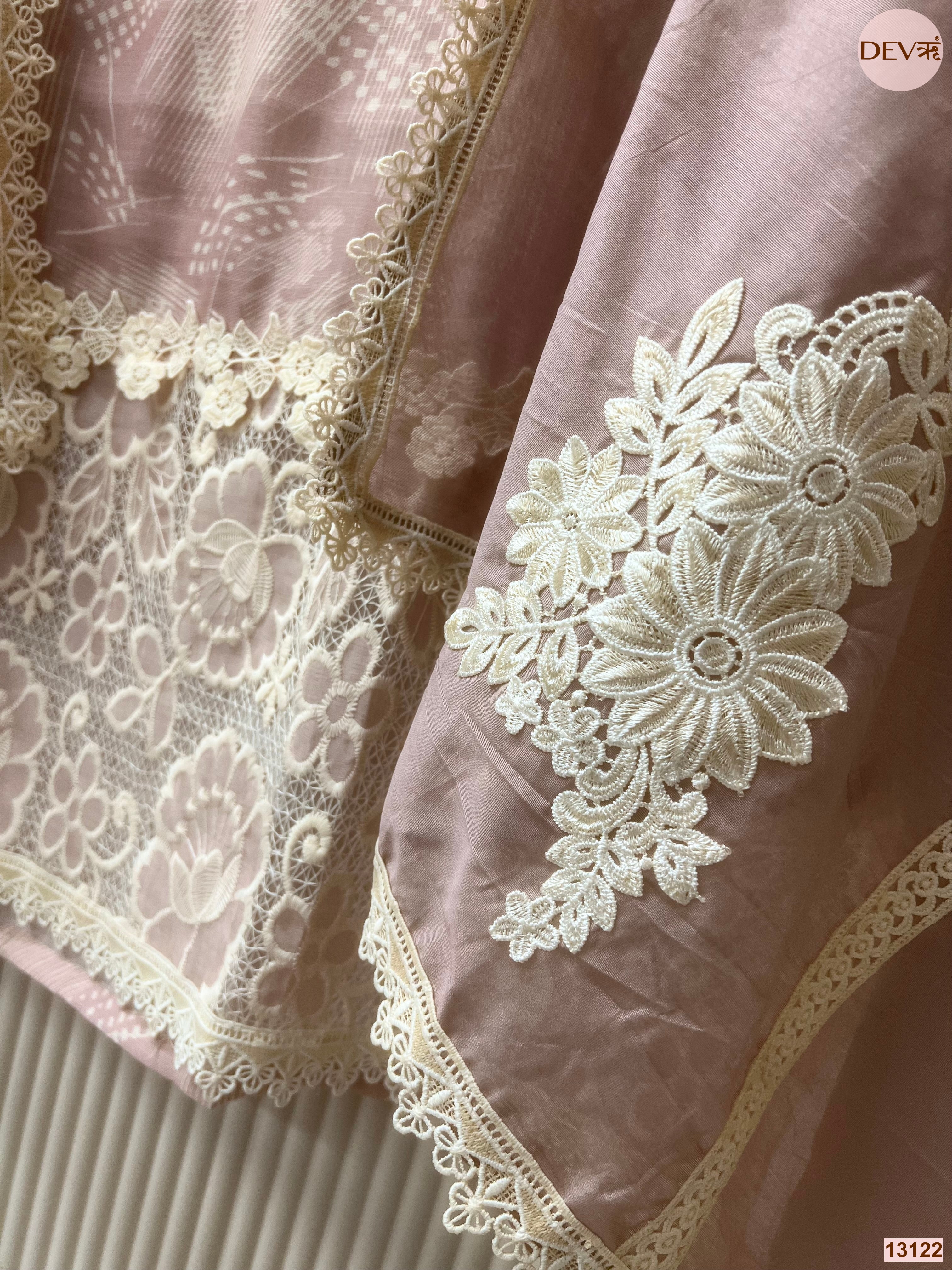 Pink Linen Embroidered Unstitched 3-Piece Suit (Devri – D.No 13122)