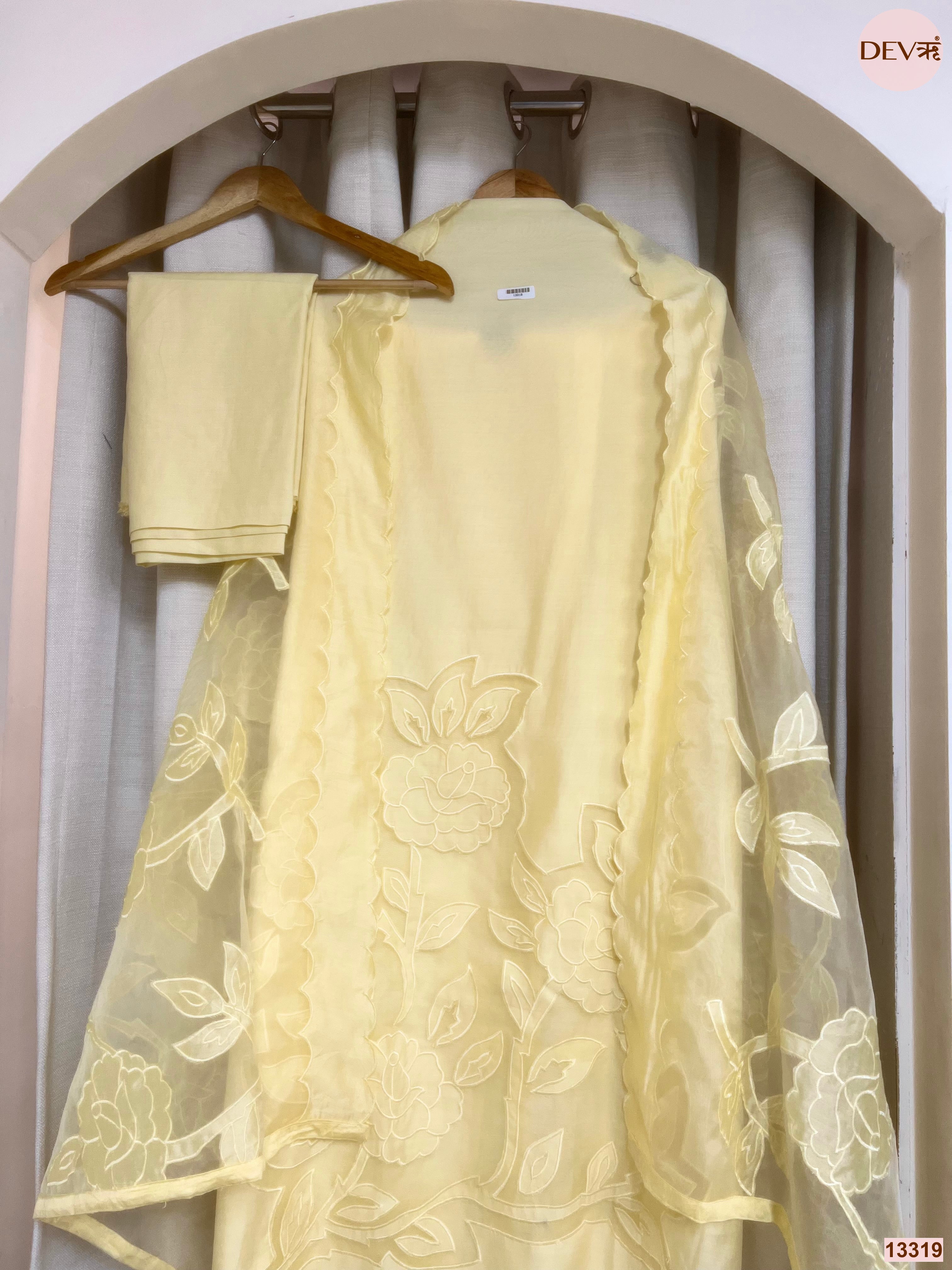 Yellow Roman Silk Embroidered Unstitched 3-Piece Suit (Devri – D.No 13319)