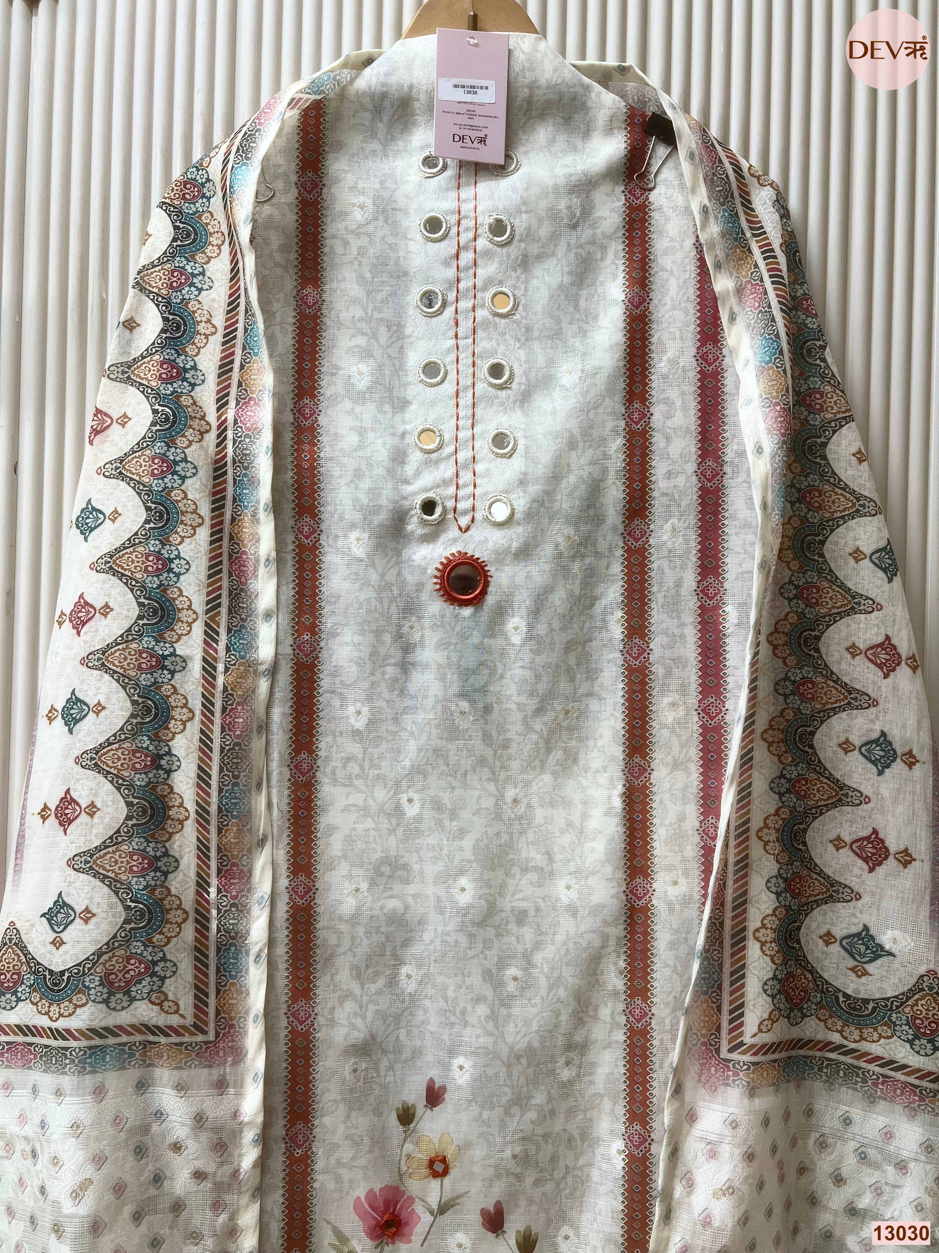 Off White Pure Linen Cotton Printed Unstitched 3-Piece Suit (Devri – D.No 13030)