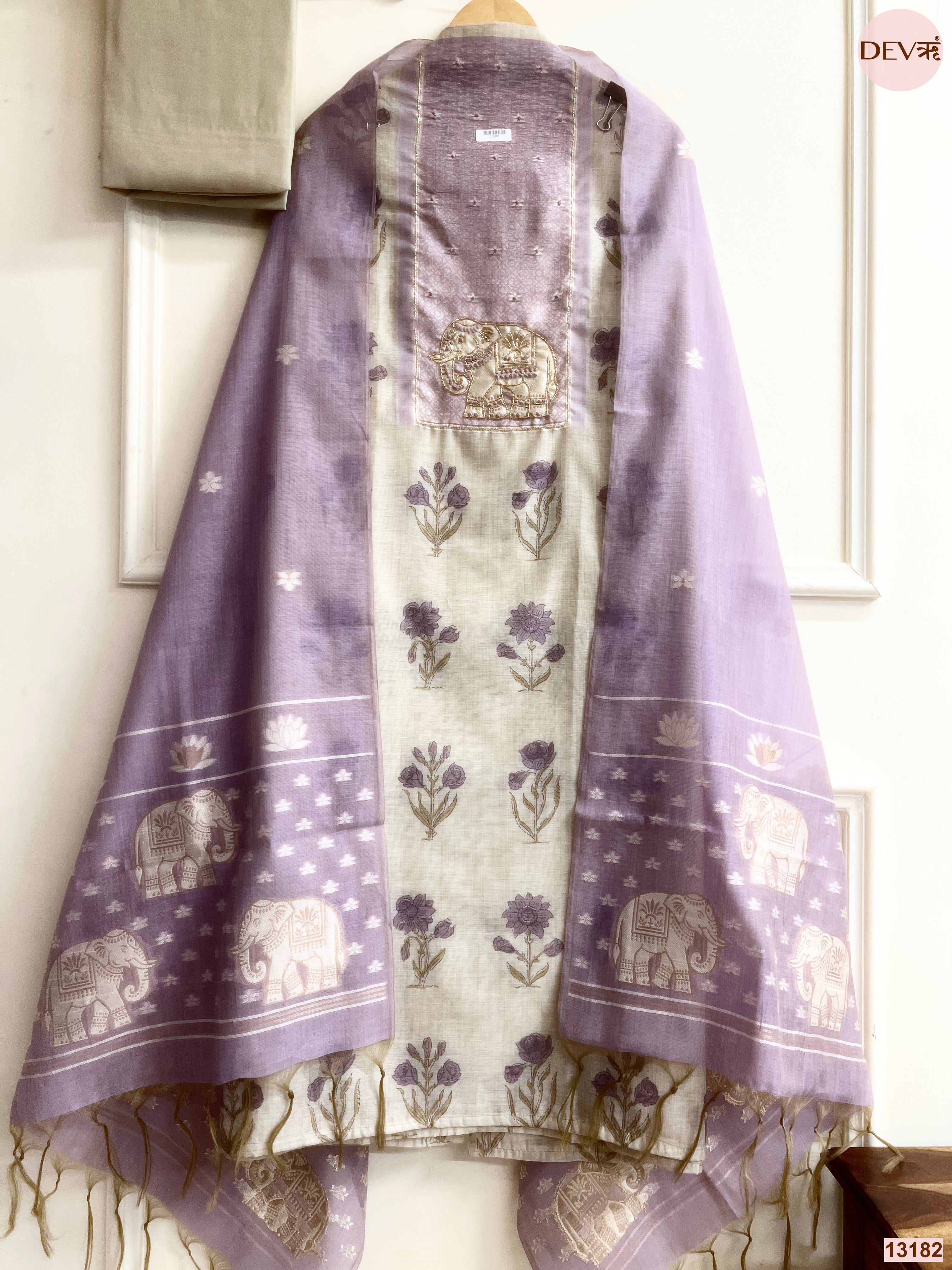Lavender Mul Chanderi Printed Unstitched 3-Piece Suit (Devri – D.No 13182)