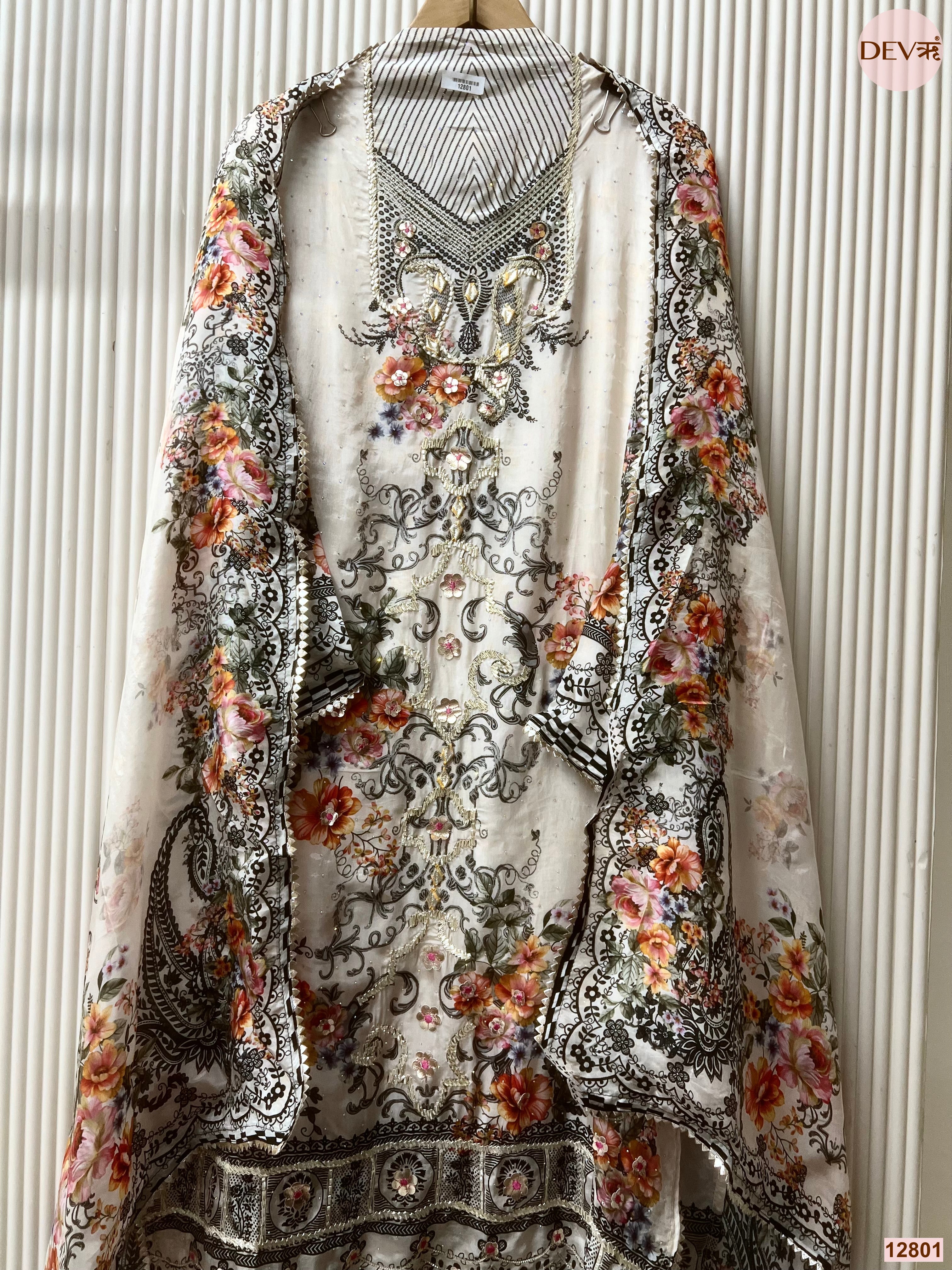 White Glass organza Silk Printed Unstitched 3-Piece Suit (Devri – D.No 12801)
