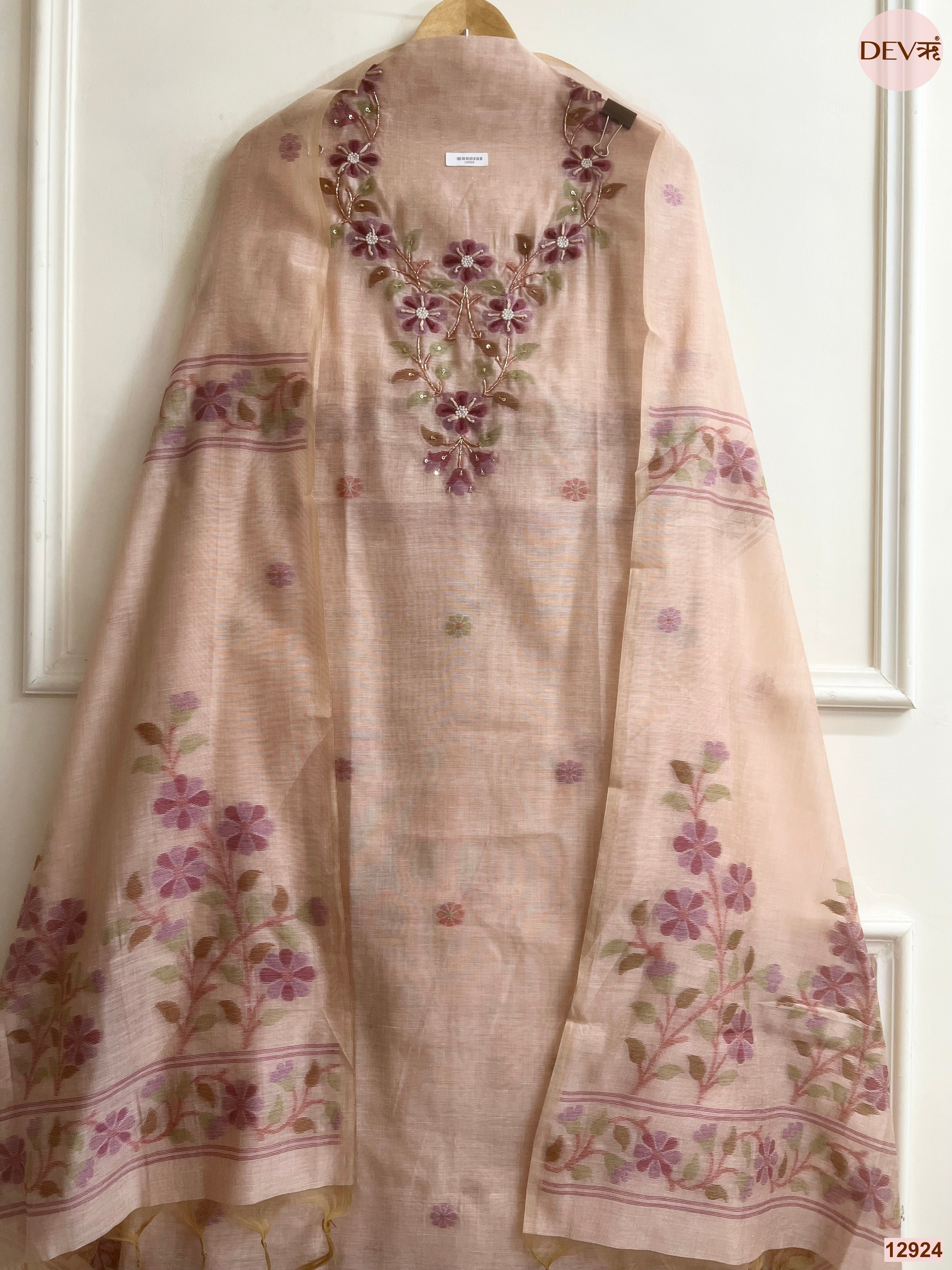 Peach Jamdani Cotton Embroidered Unstitched 3-Piece Suit (Devri – D.No 12924)