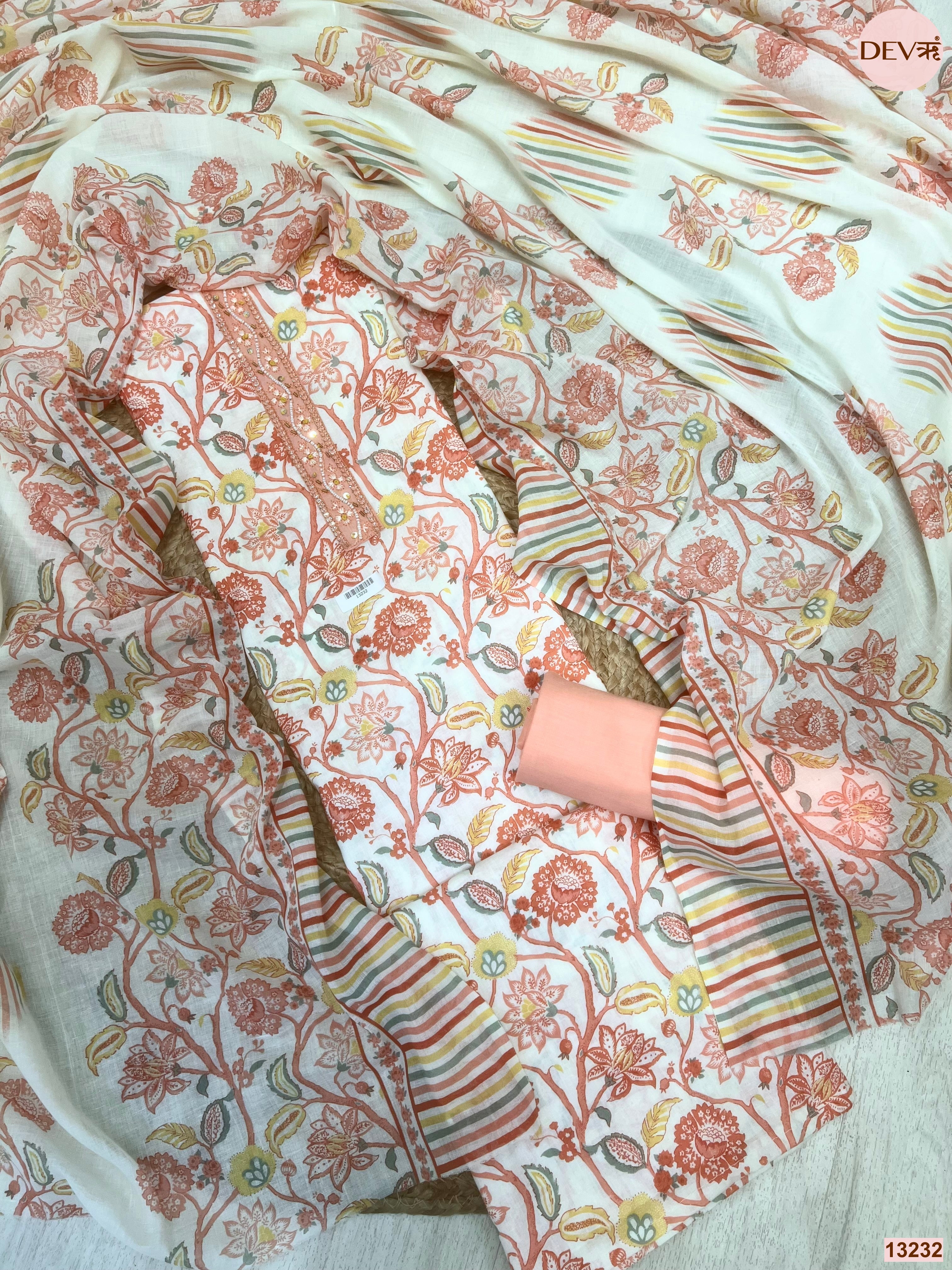 Peach Cotton Printed Unstitched 3-Piece Suit (Devri – D.No 13232)