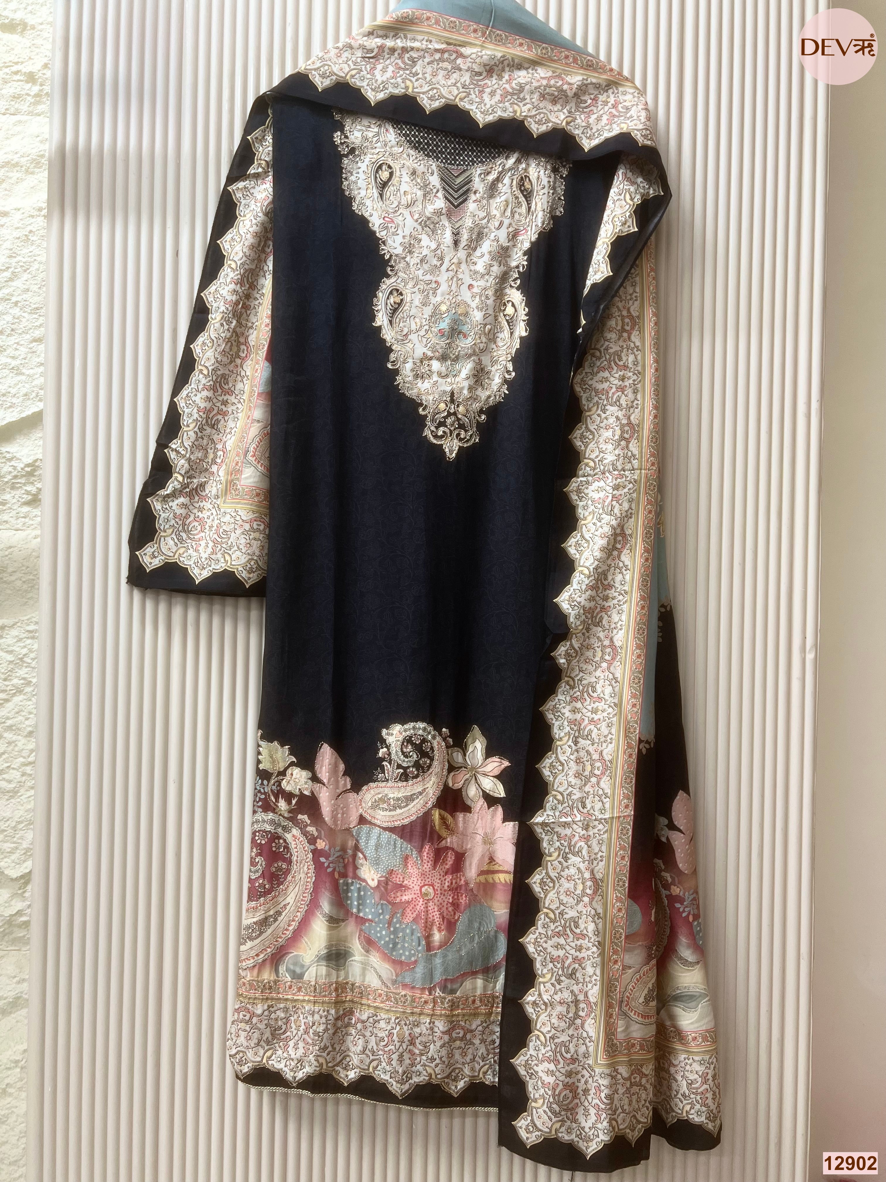 Navy Muslin Printed Unstitched 3-Piece Suit (Devri – D.No 12902)
