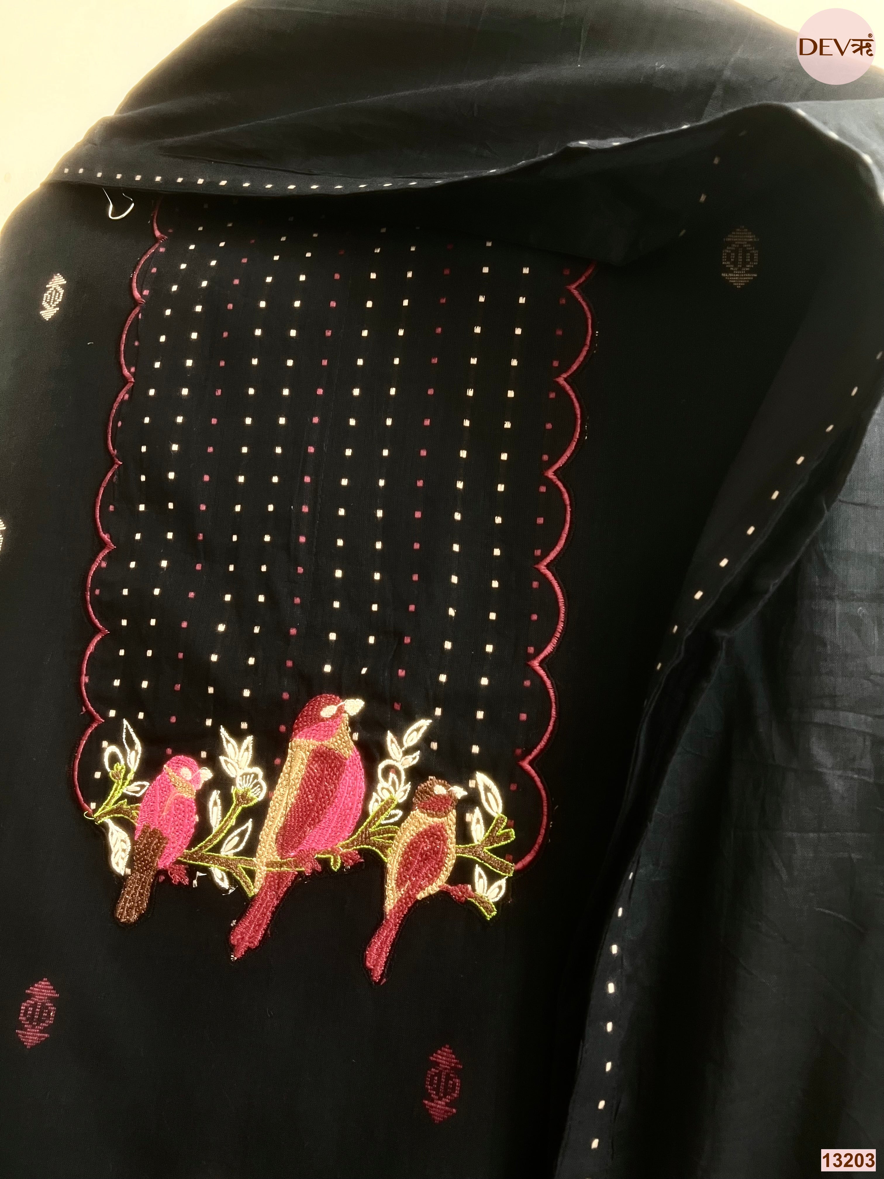 Black Handloom Cotton Embroidered Unstitched 3-Piece Suit (Devri – D.No 13203)