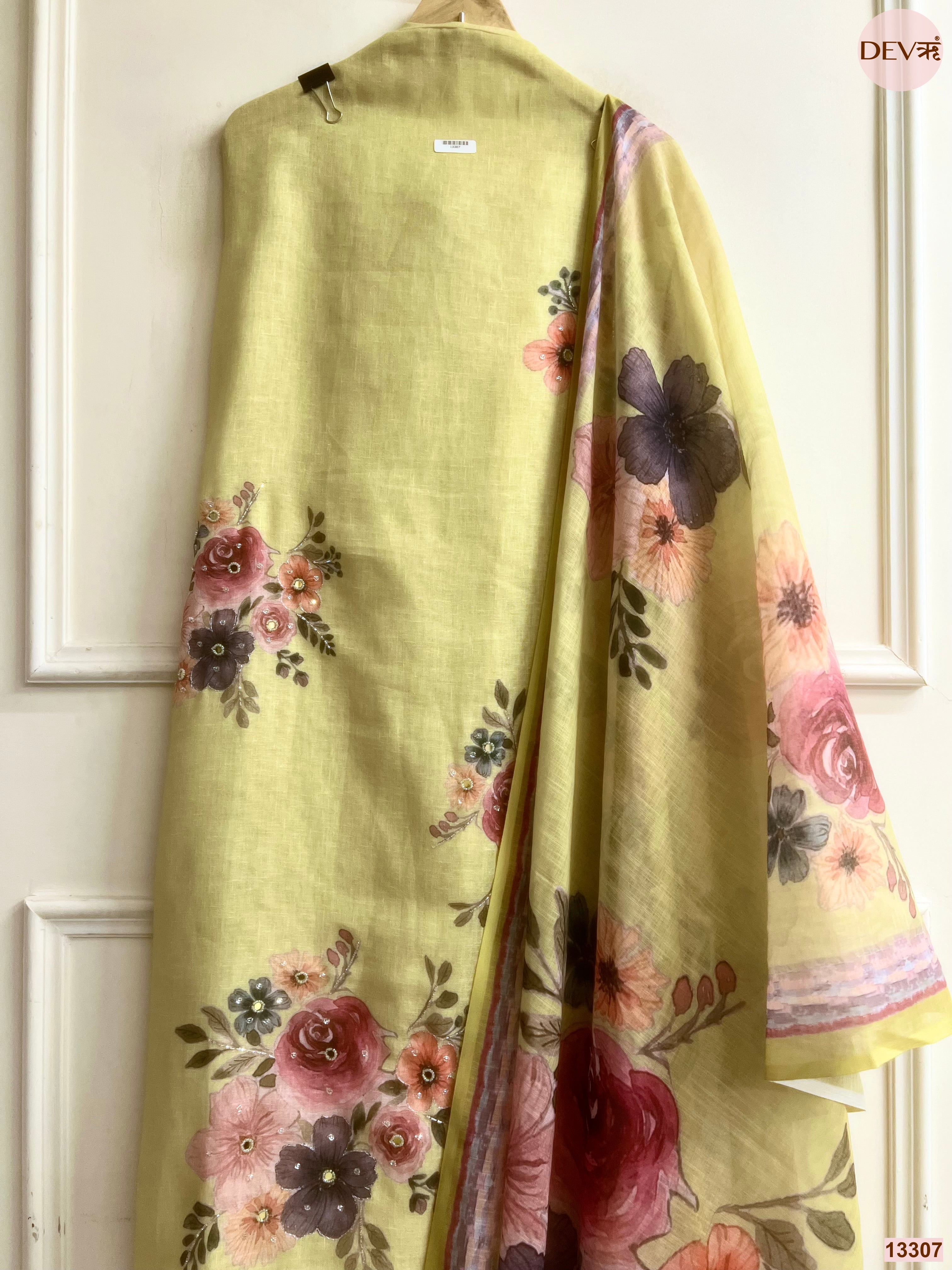 Yellow Linen Cotton Printed Unstitched 3-Piece Suit (Devri – D.No 13307)