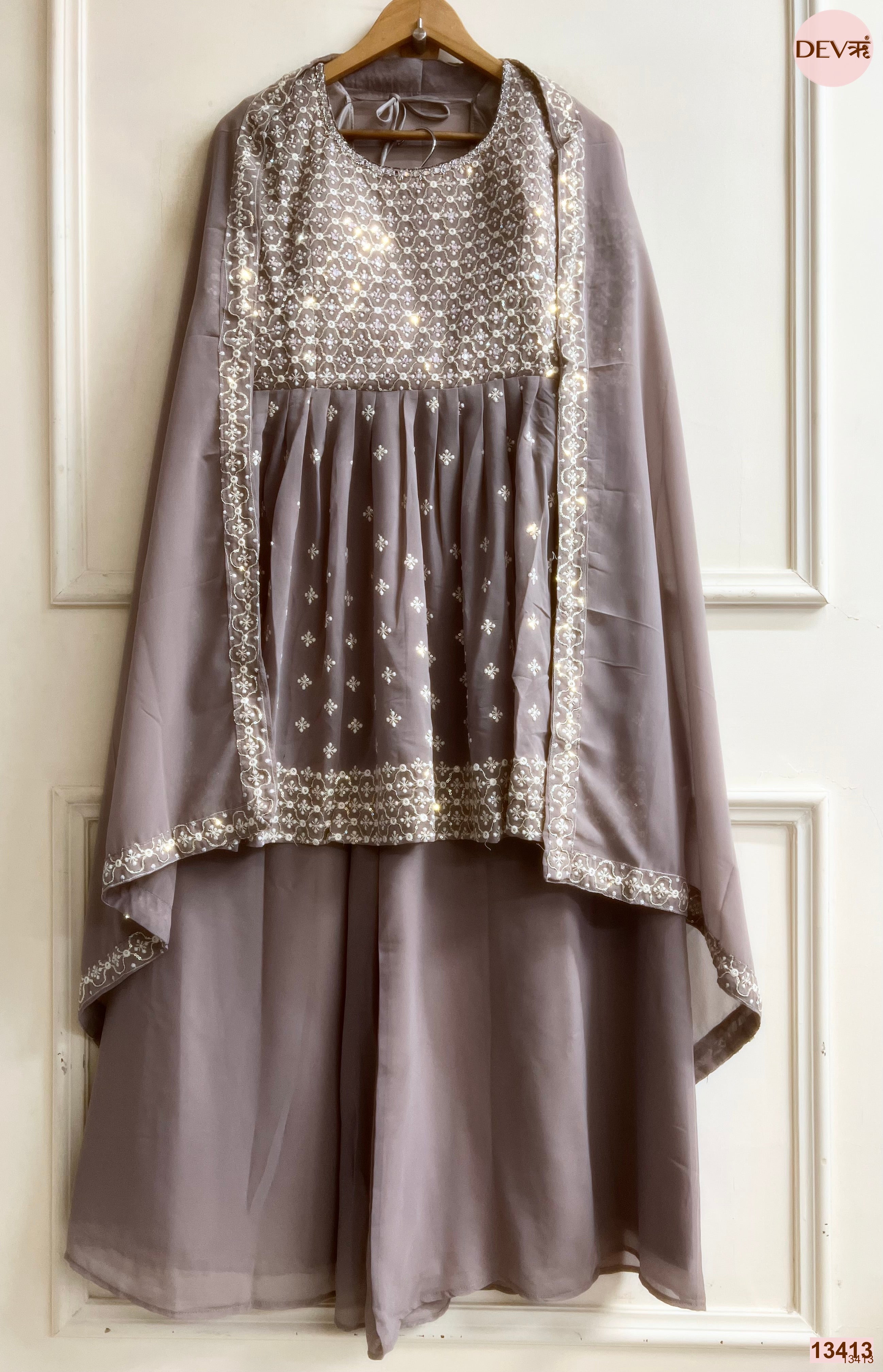 Meher Georgette Embroidered Mauve 3-Piece Set (Devri – D.No 13413)