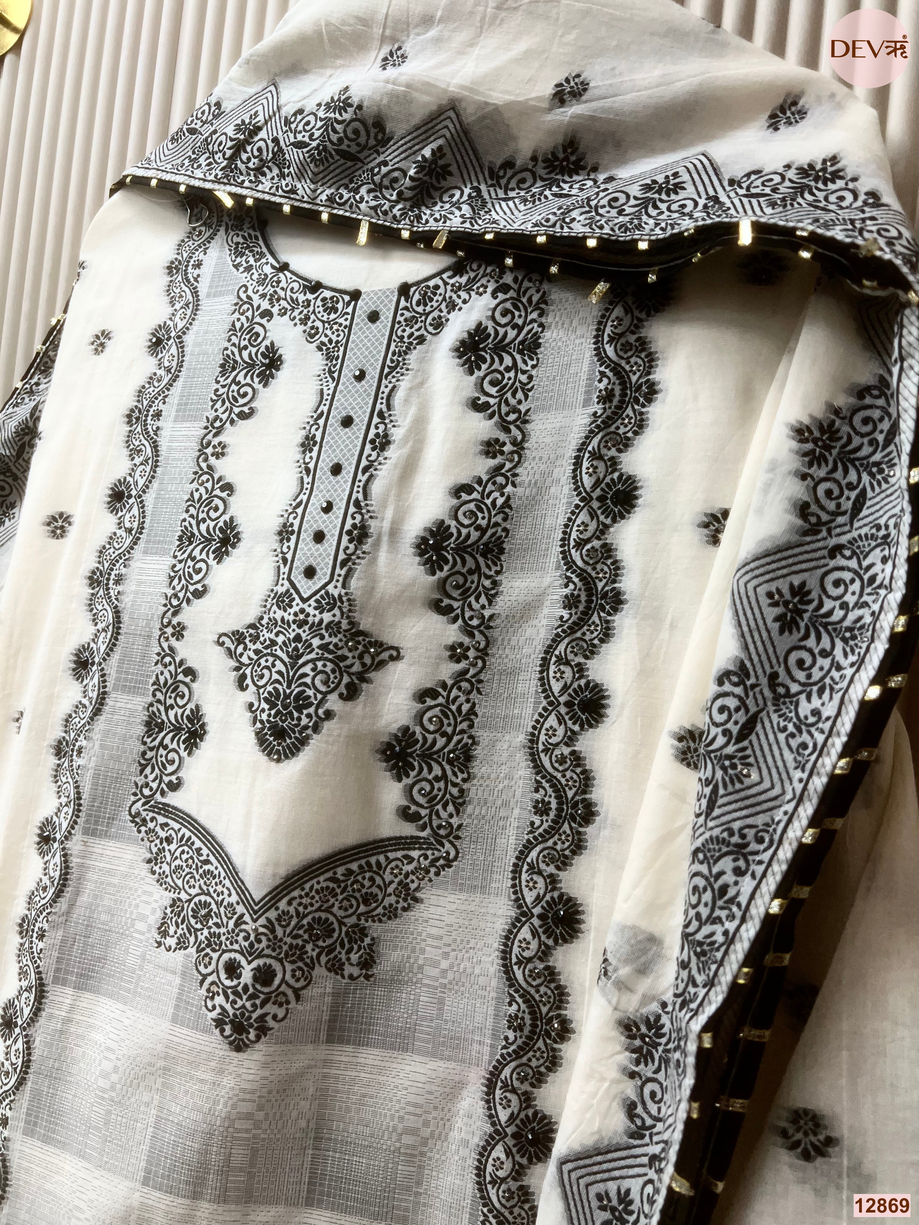 White Jamdani Cotton Printed Unstitched 3-Piece Suit (Devri – D.No 12869)