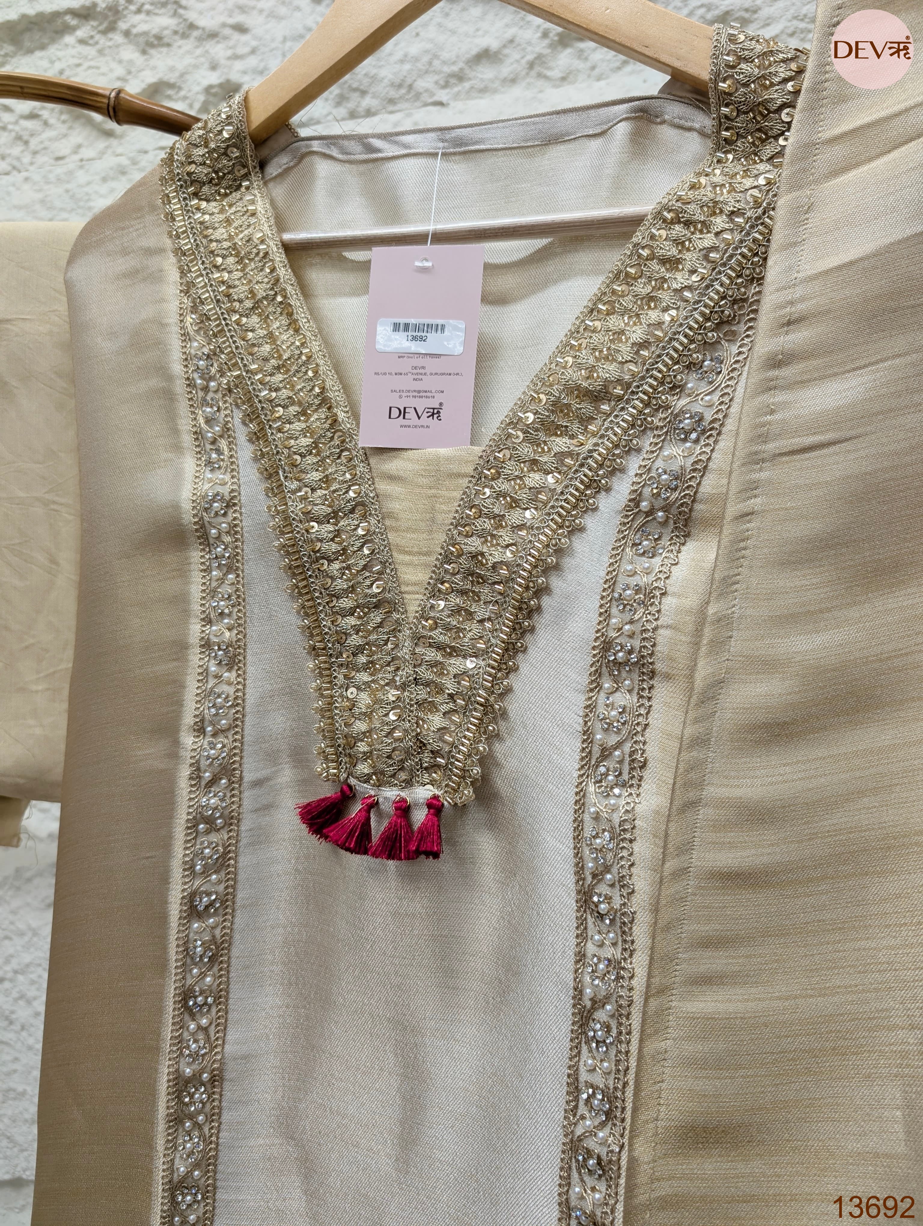 Cream Tissue Slik Embroidered Unstitched 3-Piece Suit (Devri – D.No 13692)