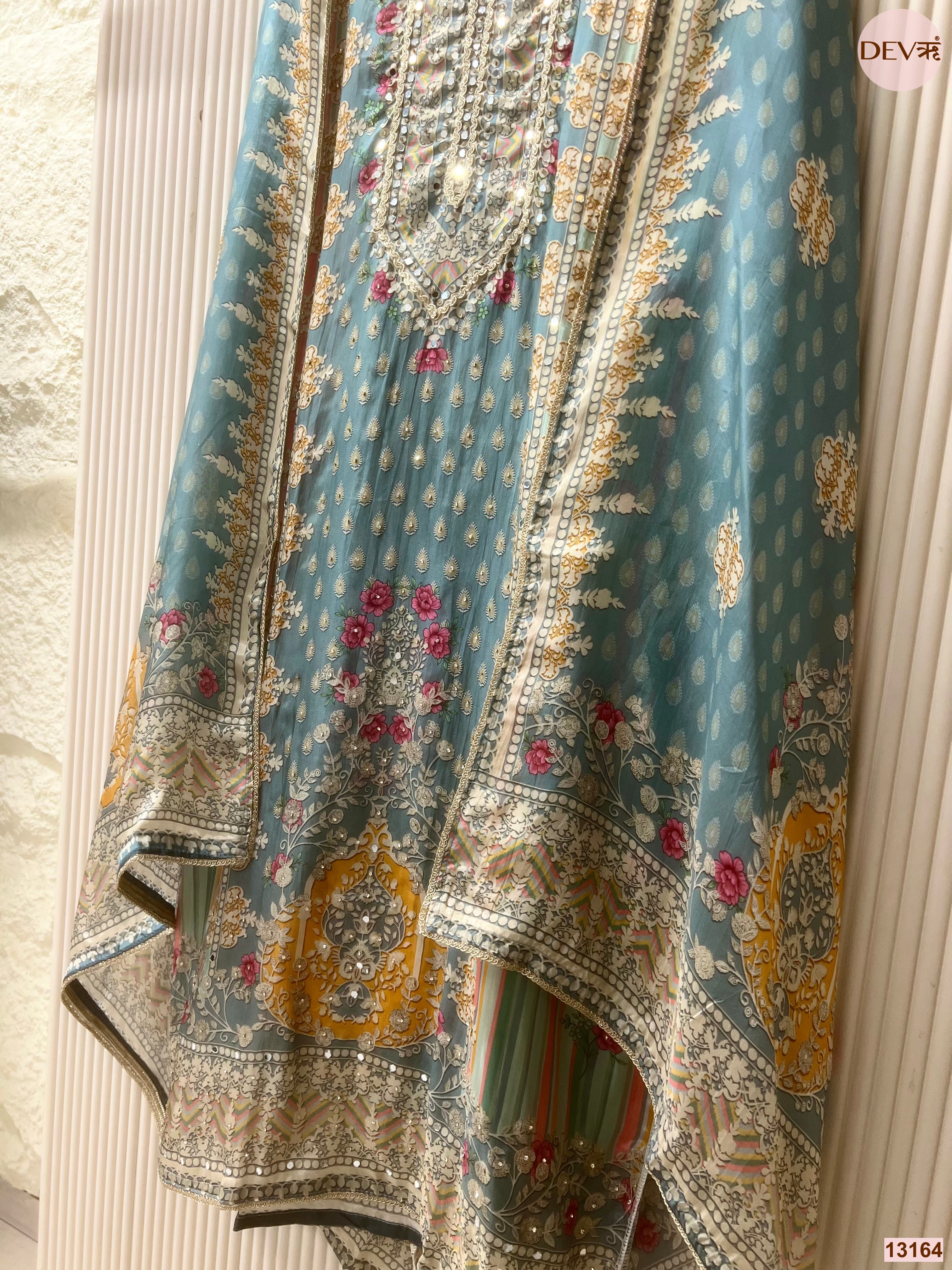Blue Tissue Organza Printed Unstitched 3-Piece Suit (Devri – D.No 13164)