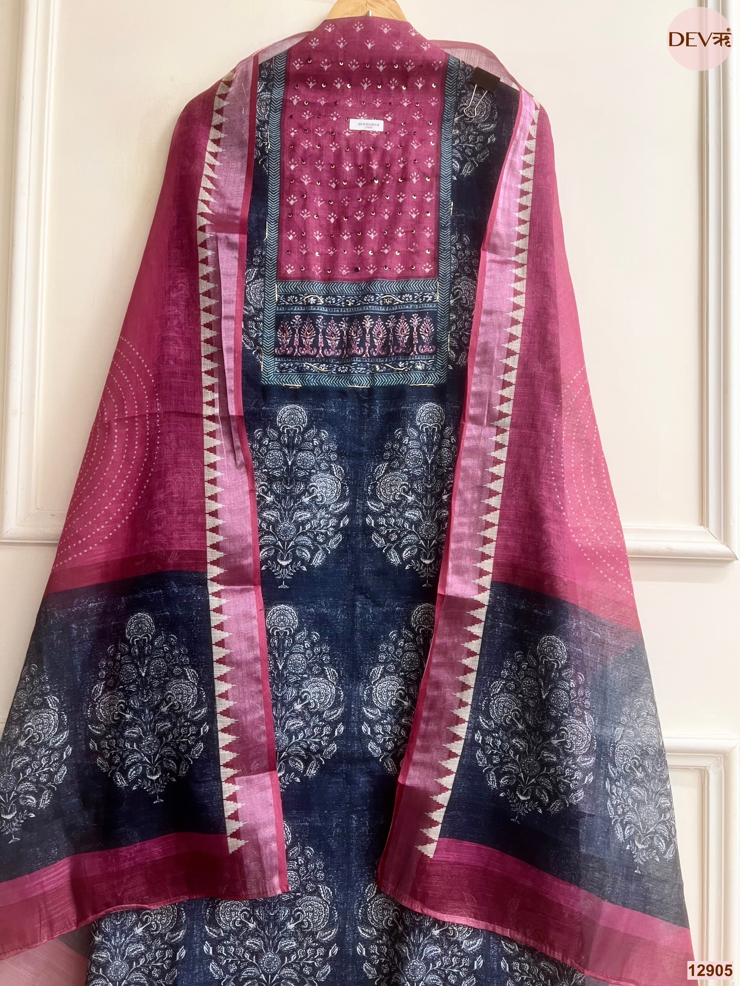 Pink Linen Cotton Printed Unstitched 3-Piece Suit (Devri – D.No 12905)
