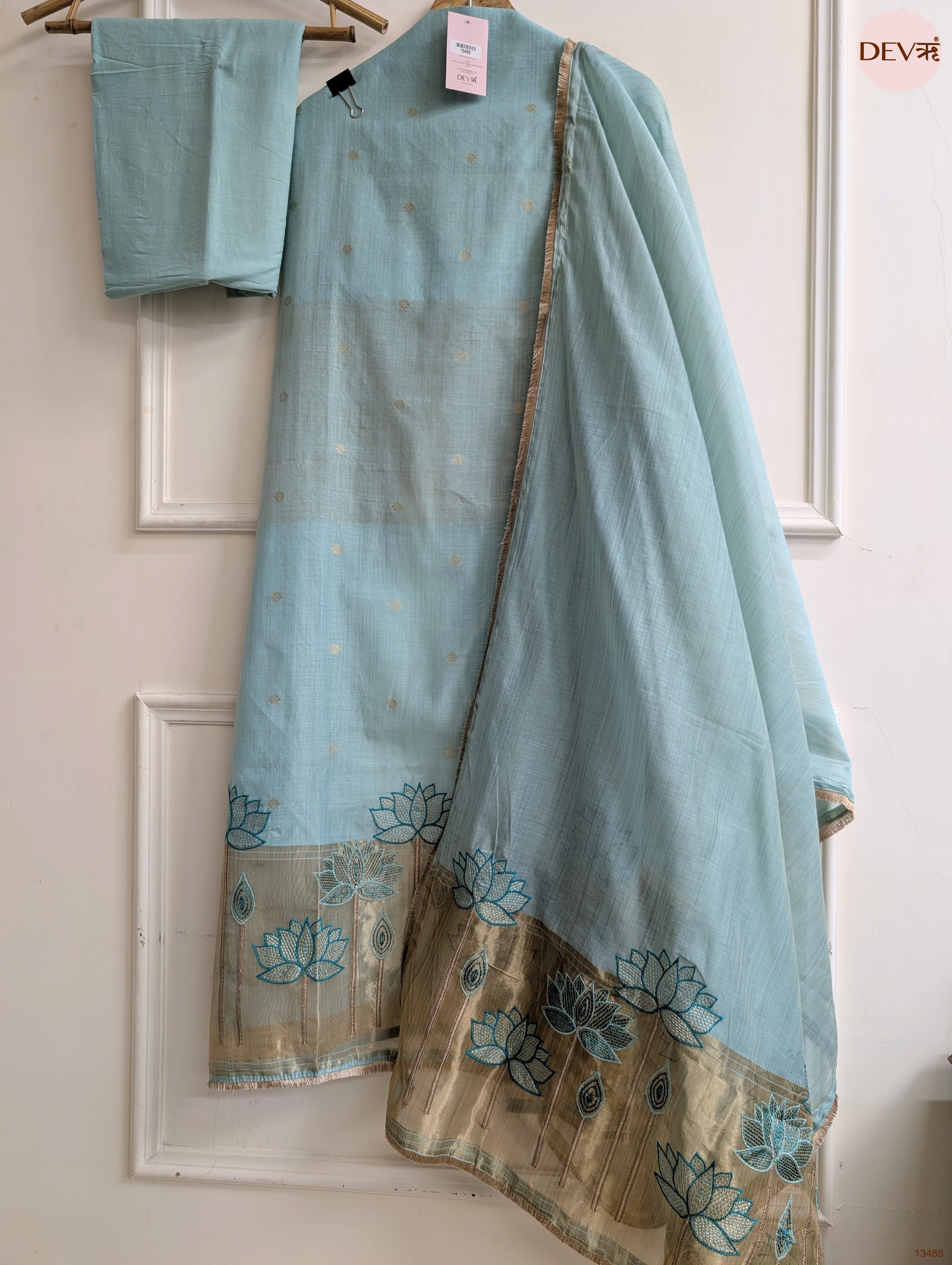 Blue Banarashi Silk Embroidered Unstitched 3-Piece Suit (Devri – D.No 13488)