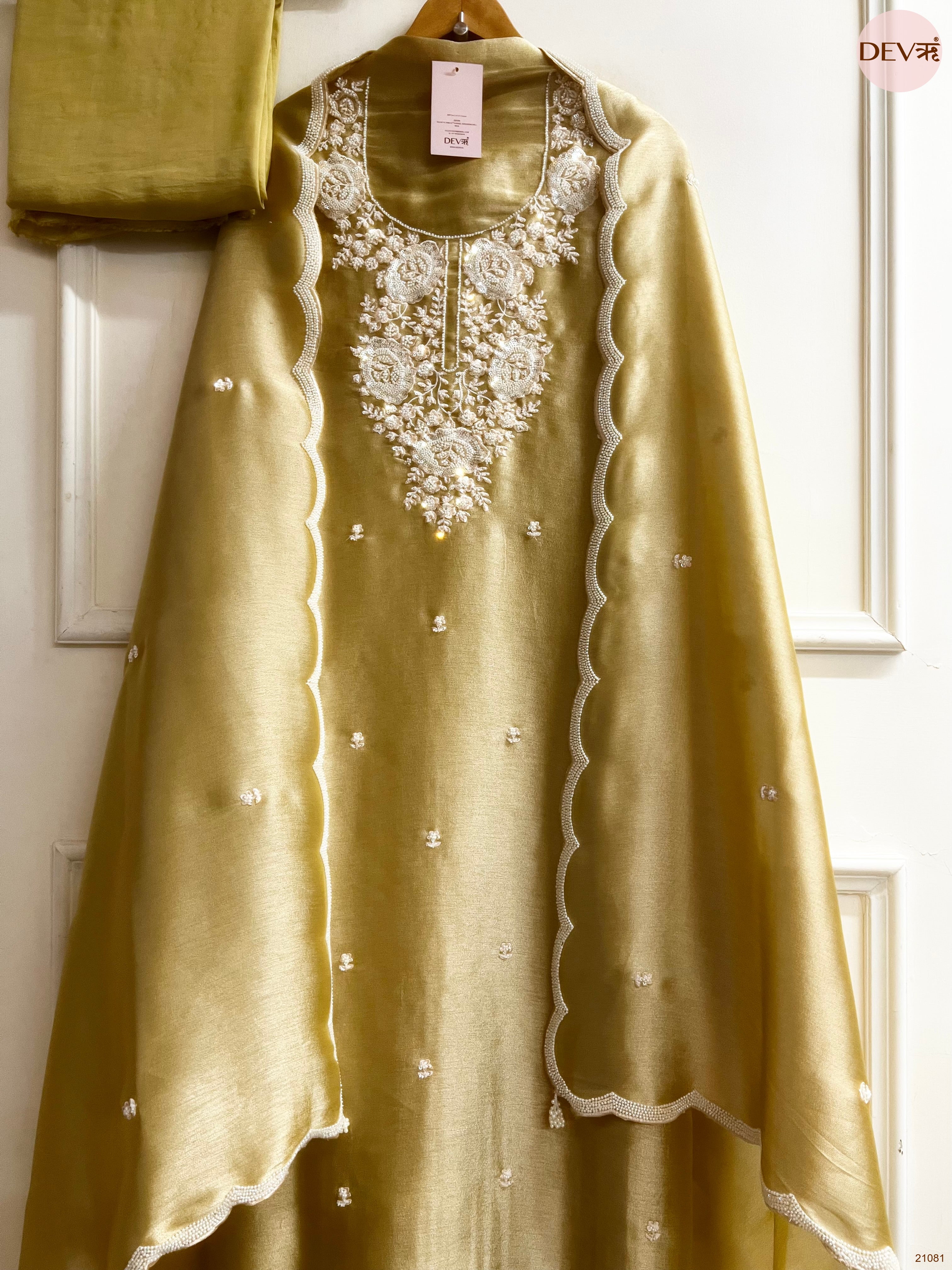 Olive Pure Tissue Giraffe Silk Embroidered Unstitched 3-Piece Suit (Devri – D.No 21081)
