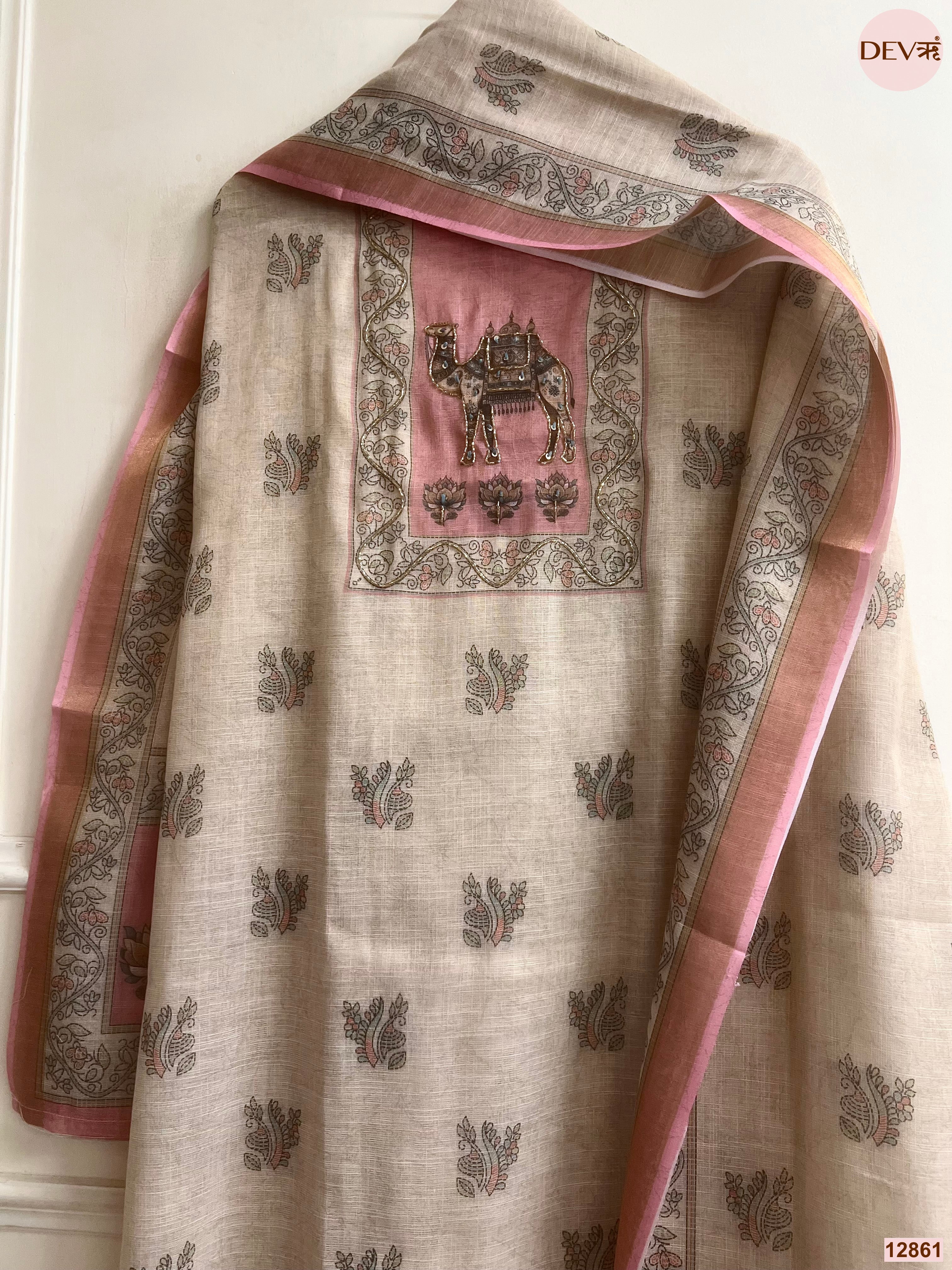 Pink Linen Cotton Printed Unstitched 3-Piece Suit (Devri – D.No 12861)