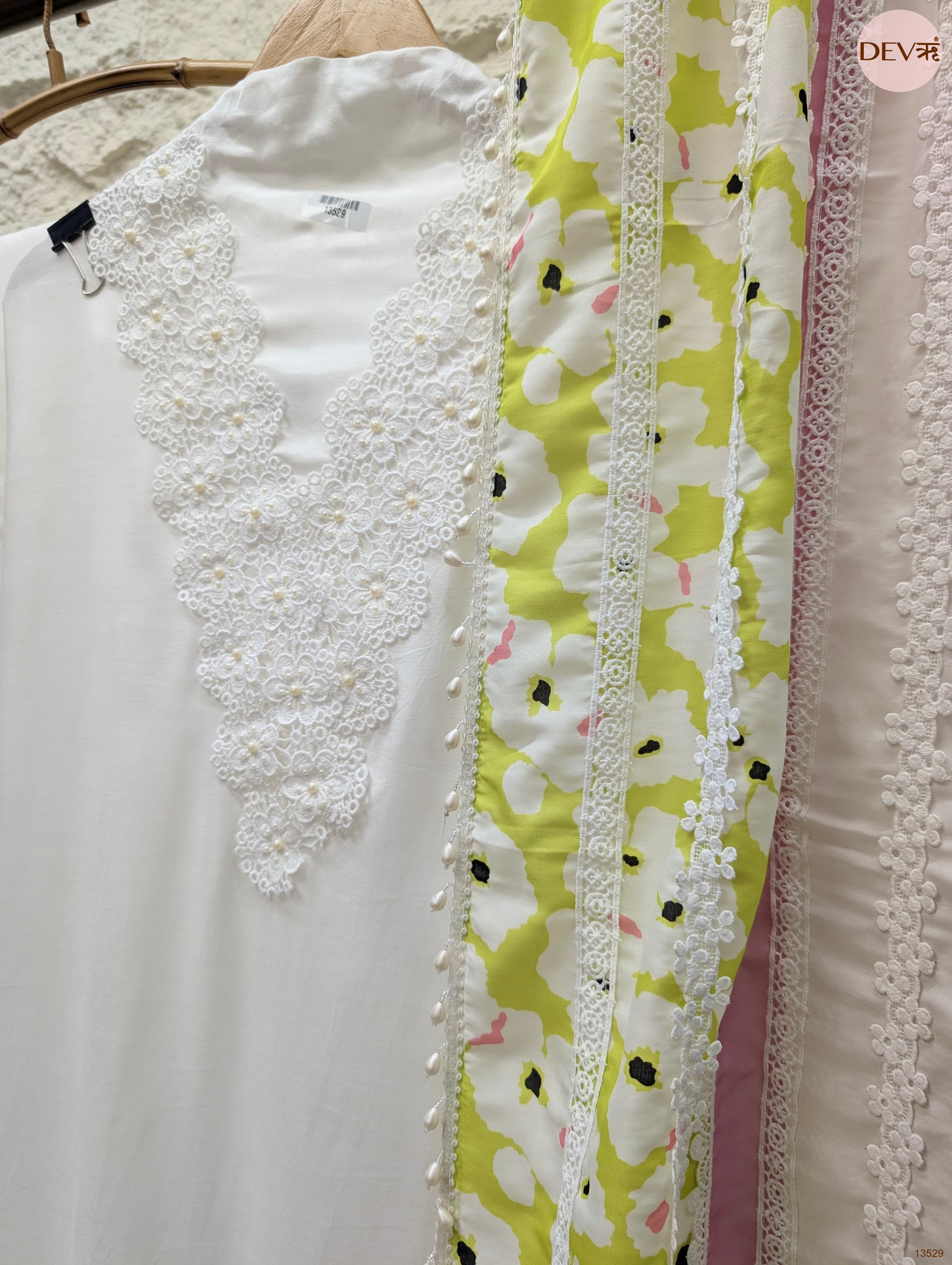 White Muslin Embroidered Unstitched 3-Piece Suit (Devri – D.No 13529)