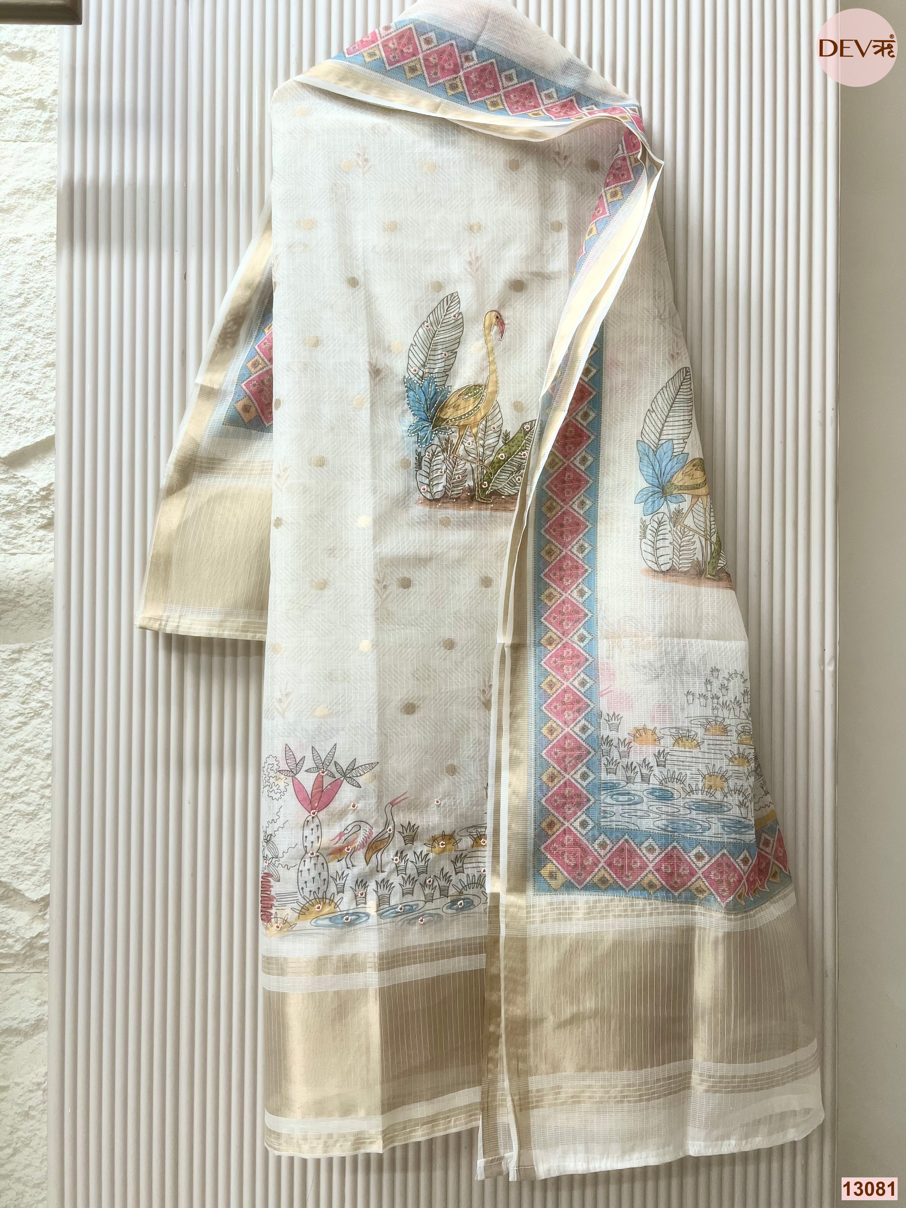 Off White Kota Printed Unstitched 3-Piece Suit (Devri – D.No 13081)