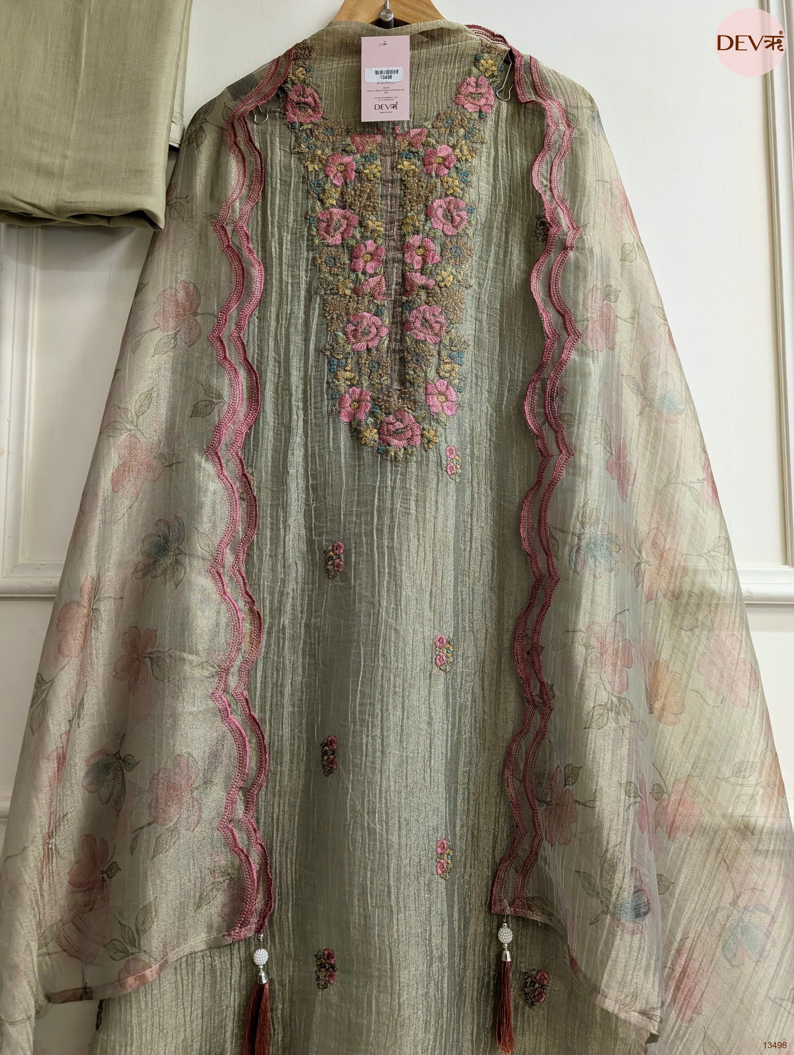 Olive Tissue Crush Silk Embroidered Unstitched 3-Piece Suit (Devri – D.No 13498)