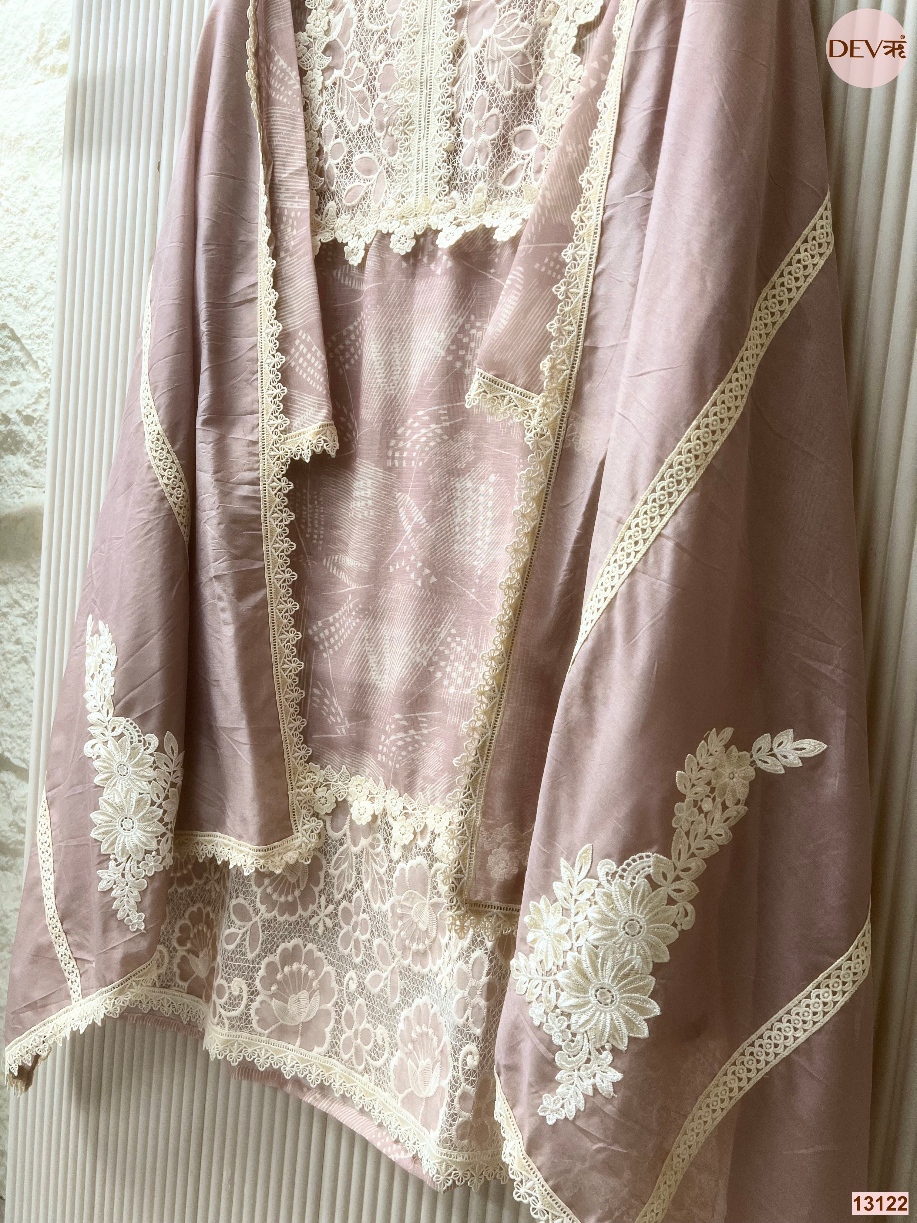 Pink Linen Embroidered Unstitched 3-Piece Suit (Devri – D.No 13122)