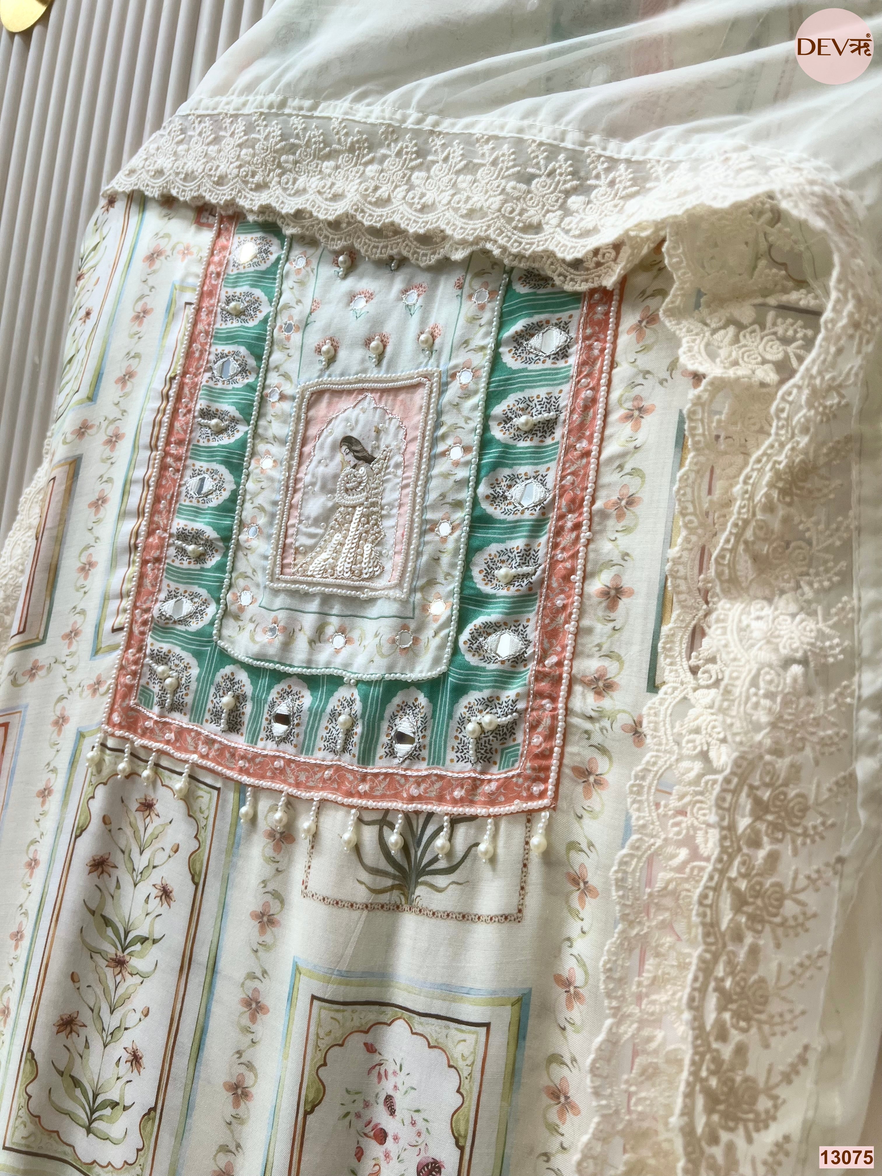 Cream Muslin Printed Unstitched 3-Piece Suit (Devri – D.No 13075)