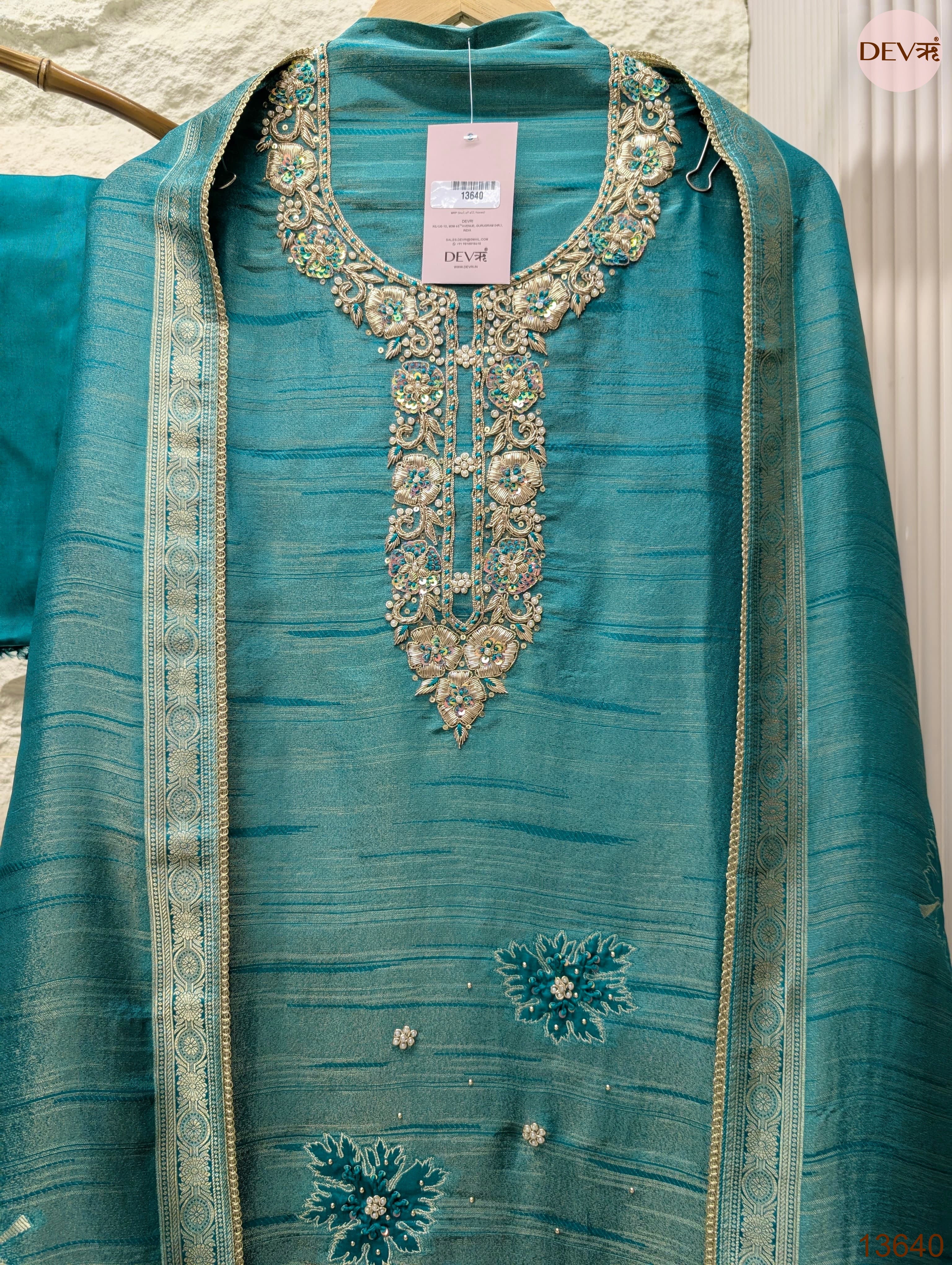 Teal Pure Girafe Banarasi Silk Embroidered Unstitched 3-Piece Suit (Devri – D.No 13640)
