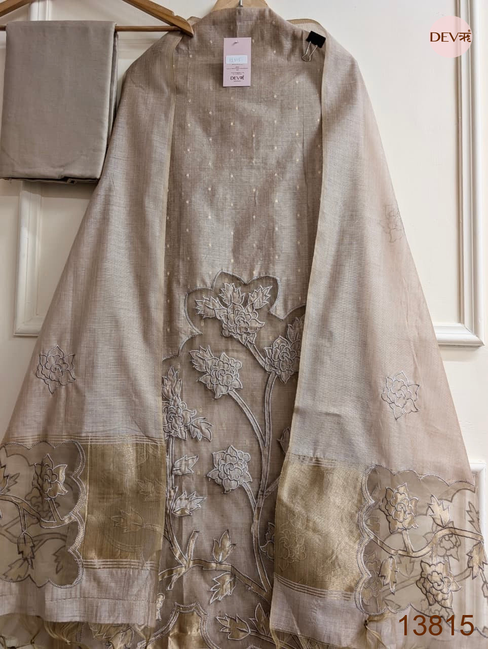 Taupe Mul Chanderi Embroidered Unstitched 3-Piece Suit (Devri – D.No 13815)
