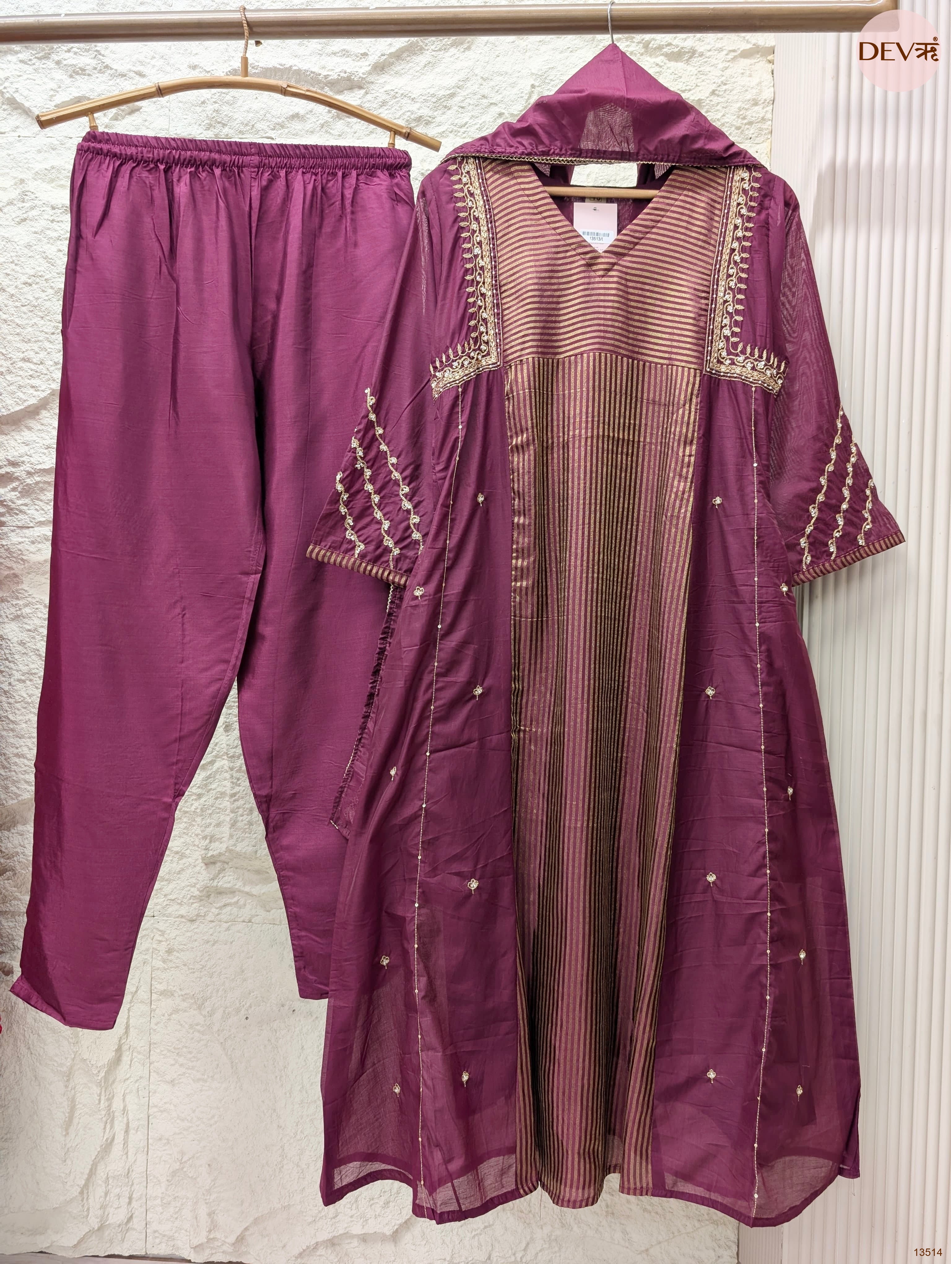 Meher Mul chanderi Embroidered Wine 3-Piece Set (Devri – D.No 13514)