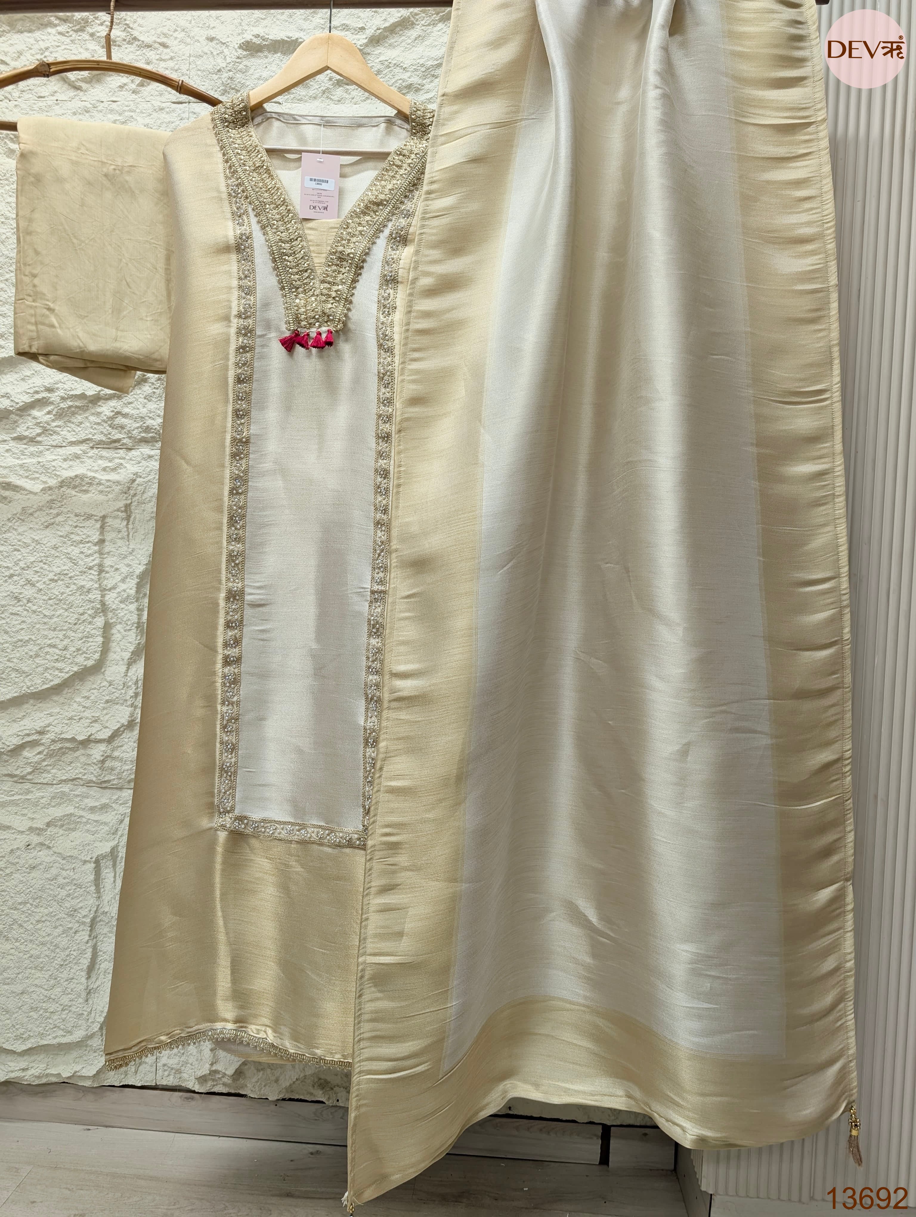 Cream Tissue Slik Embroidered Unstitched 3-Piece Suit (Devri – D.No 13692)