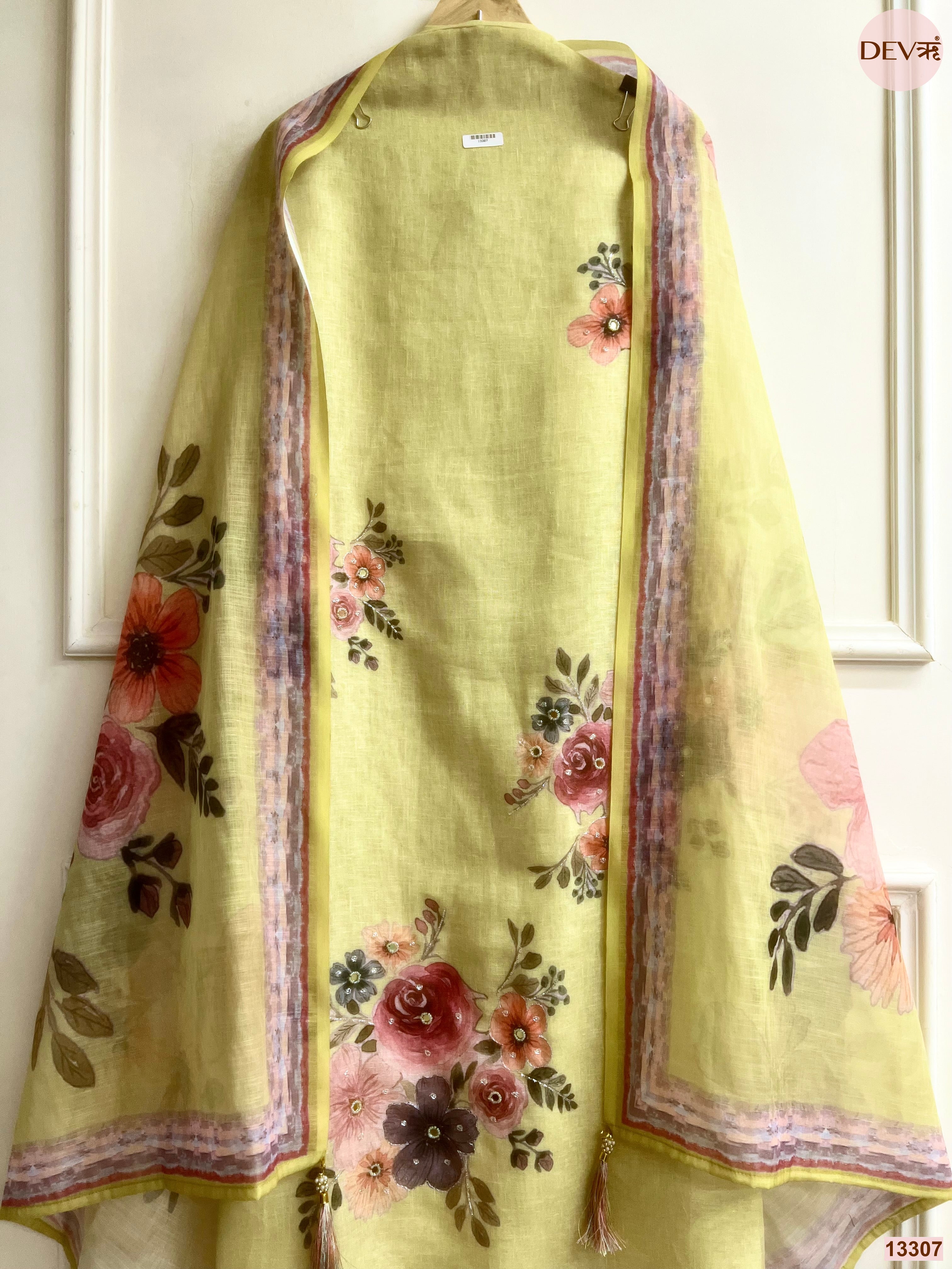 Yellow Linen Cotton Printed Unstitched 3-Piece Suit (Devri – D.No 13307)