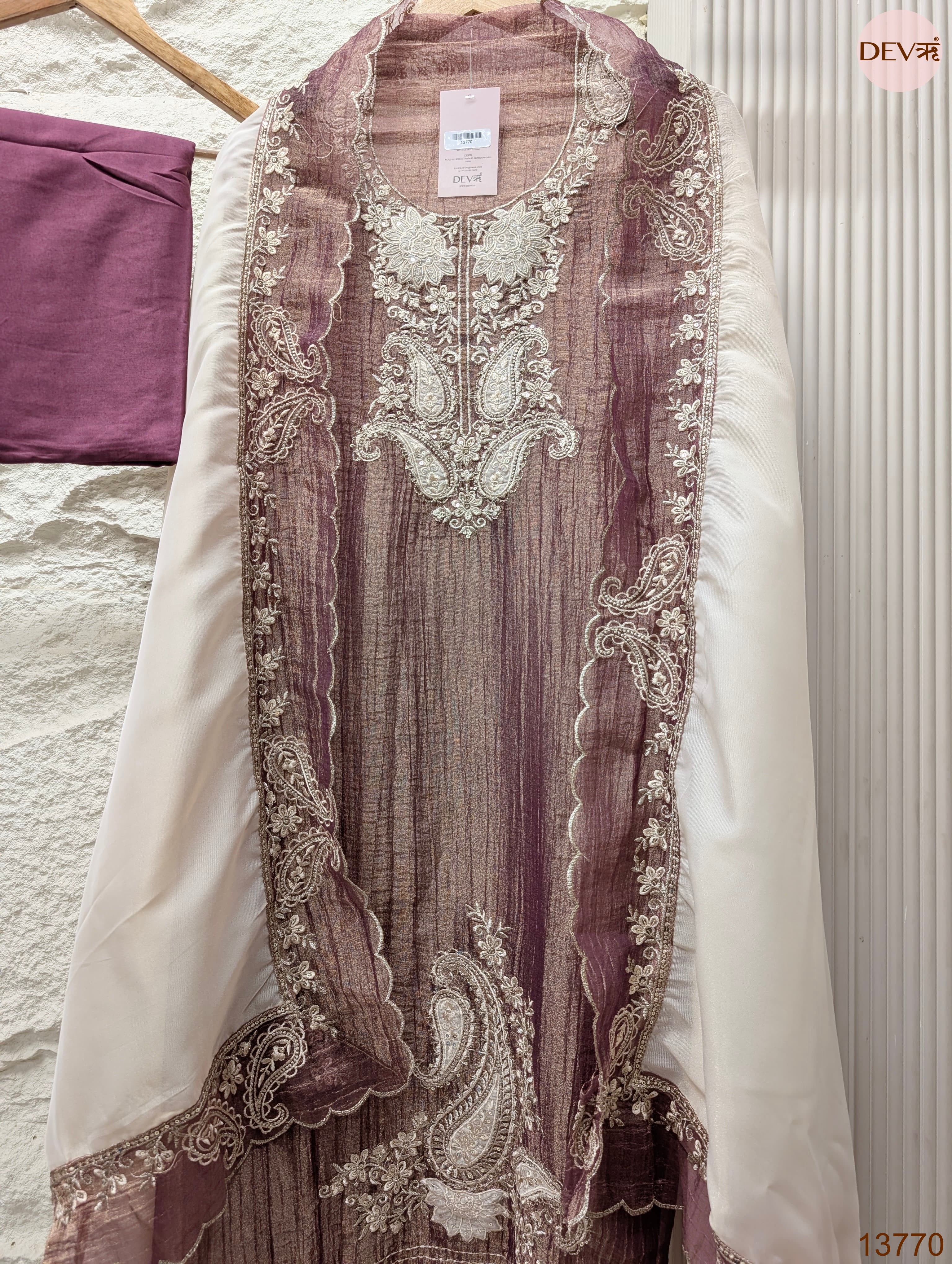 Mauve Pure Tissue Silk Embroidered Unstitched 3-Piece Suit (Devri – D.No 13770)