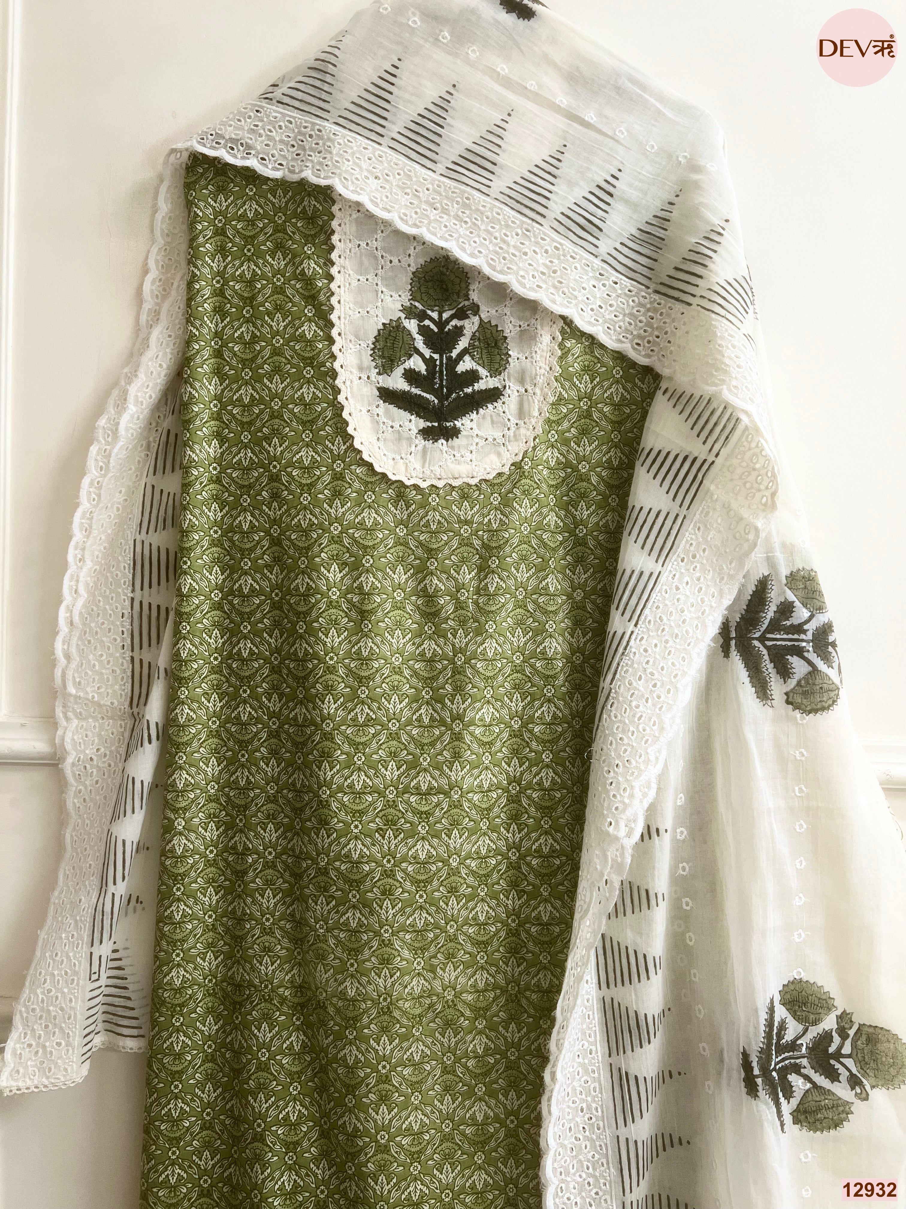 Olive Cotton Printed Unstitched 3-Piece Suit (Devri – D.No 12932)