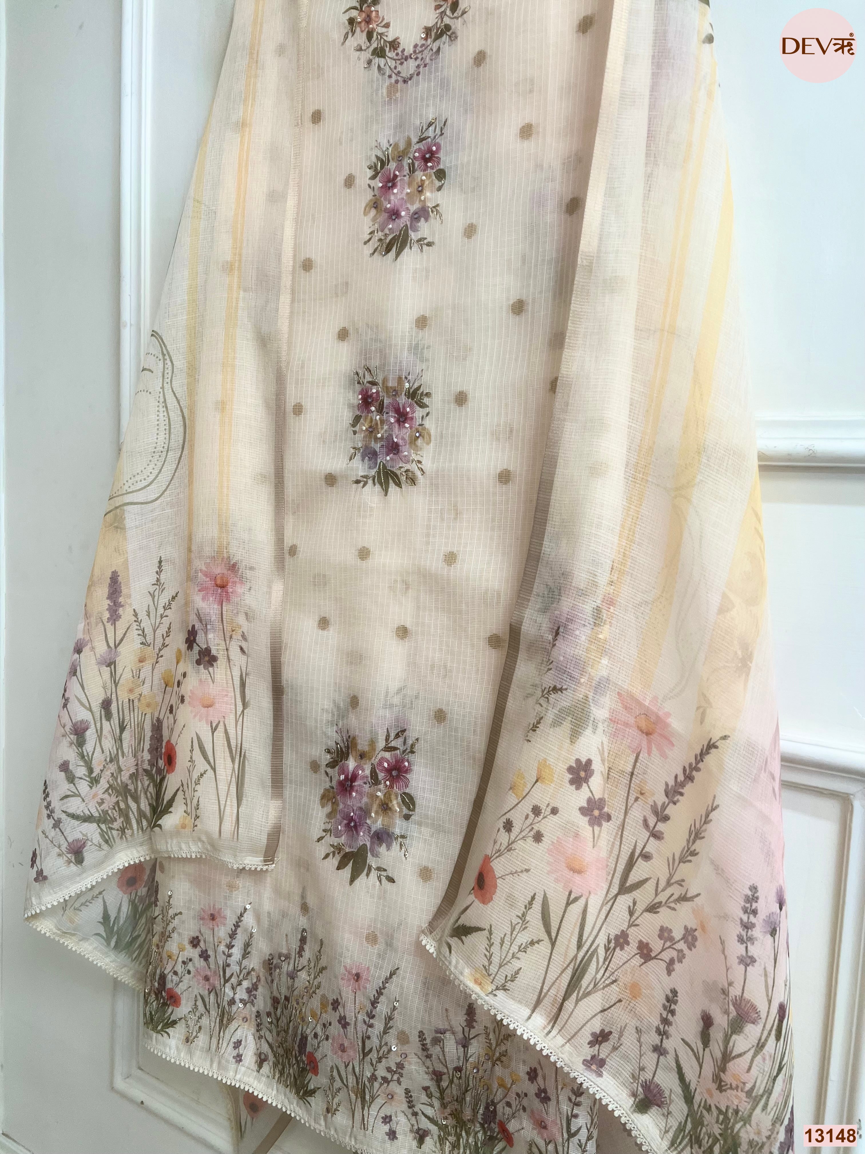 Cream Kota Printed Unstitched 3-Piece Suit (Devri – D.No 13148)