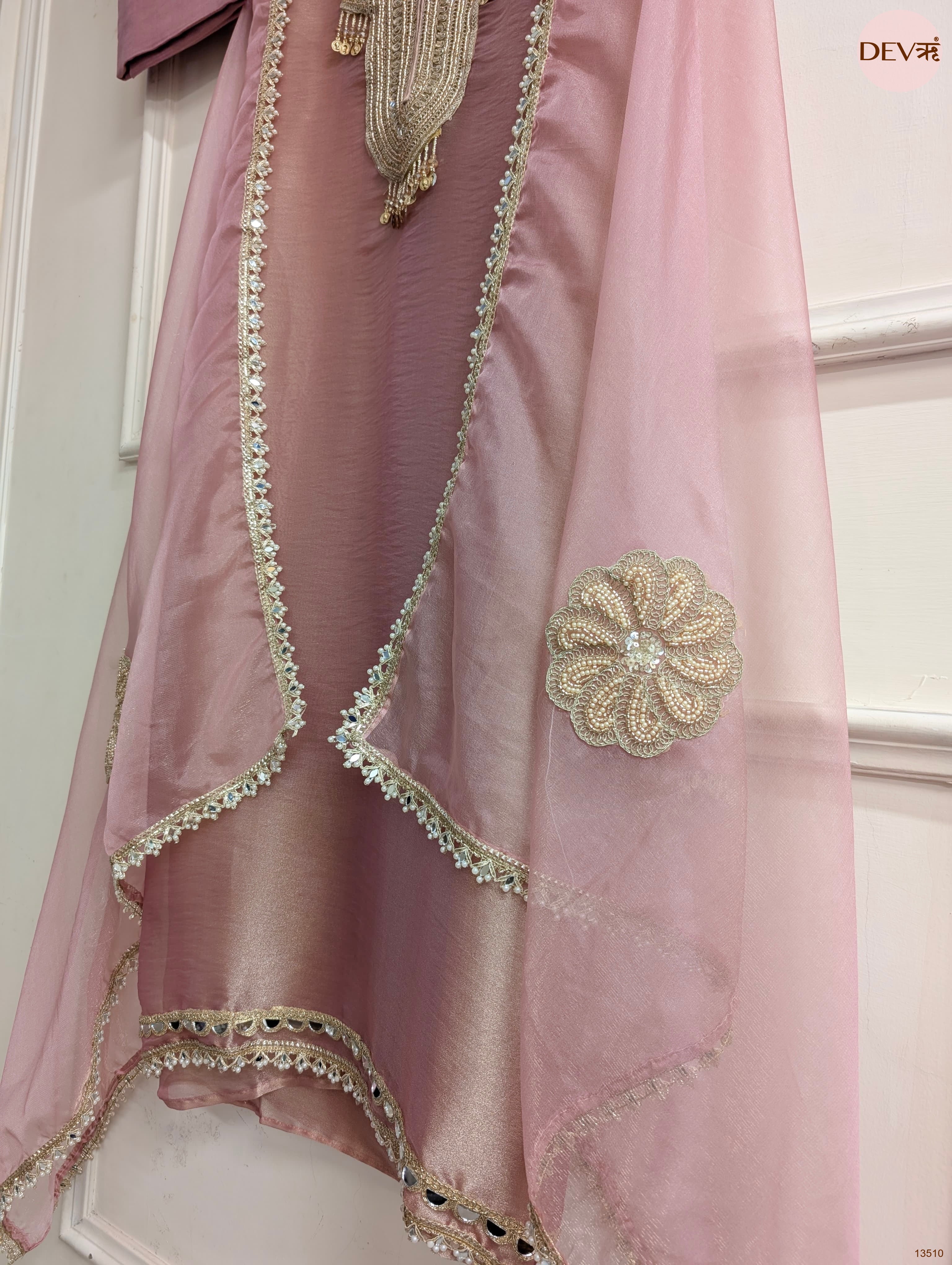 Pink Tissue Silk Hand Unstitched 3-Piece Suit (Devri – D.No 13510)