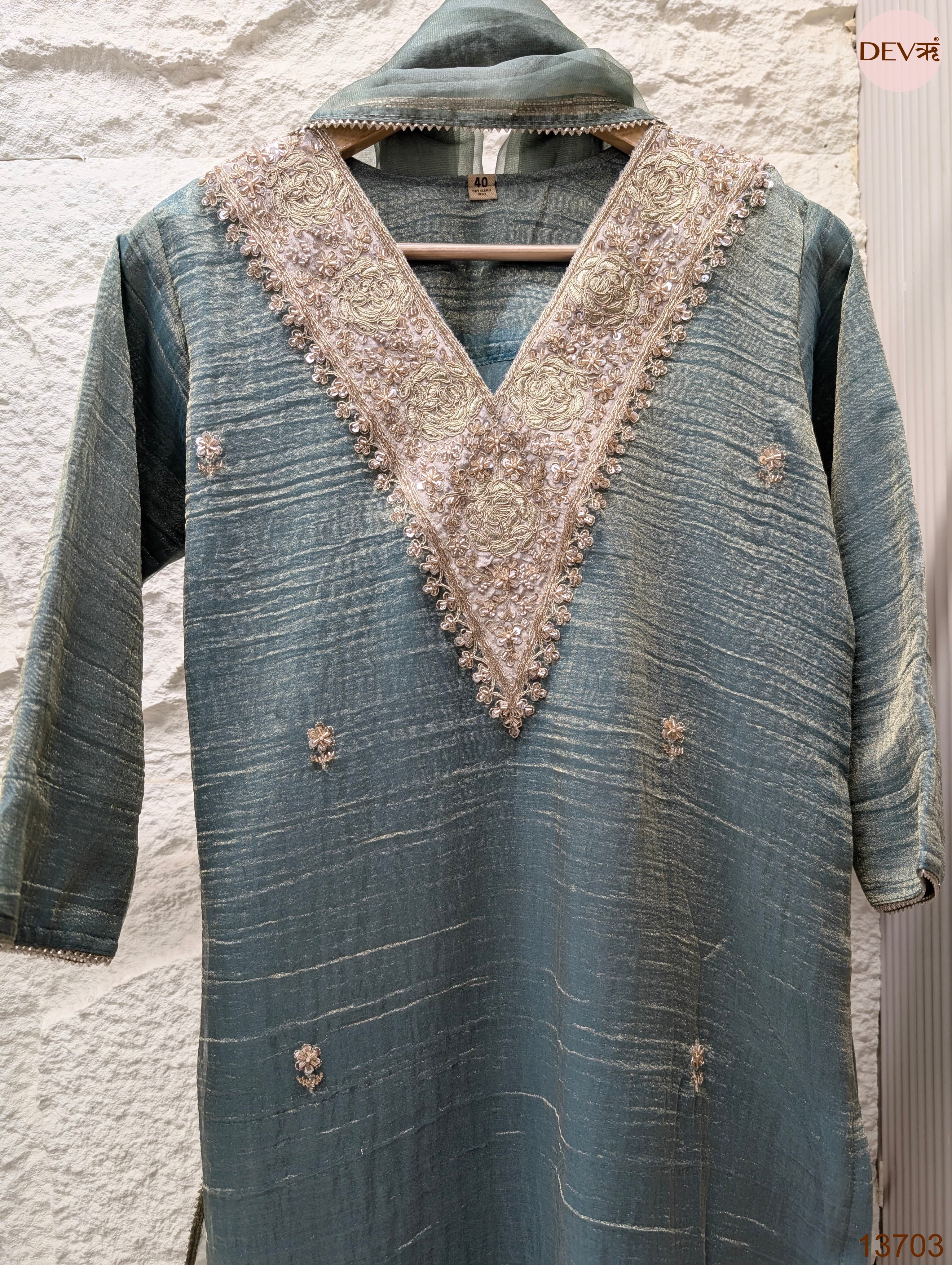 Zehra Tissue silk Embroidered Sea Green 3-Piece Set (Devri – D.No 13703)