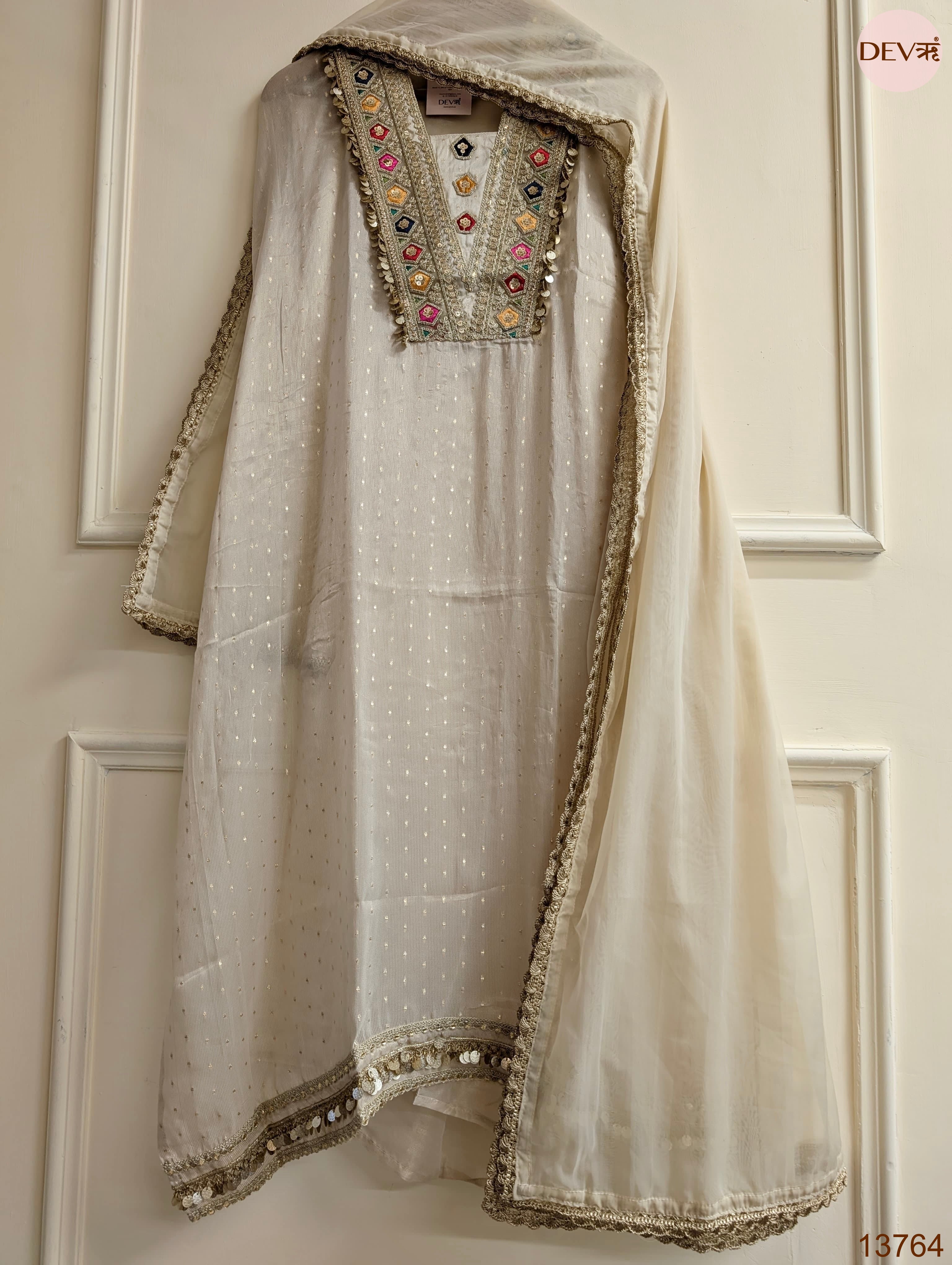 Off White Pure tissue silk Embroidered Unstitched 3-Piece Suit (Devri – D.No 13764)