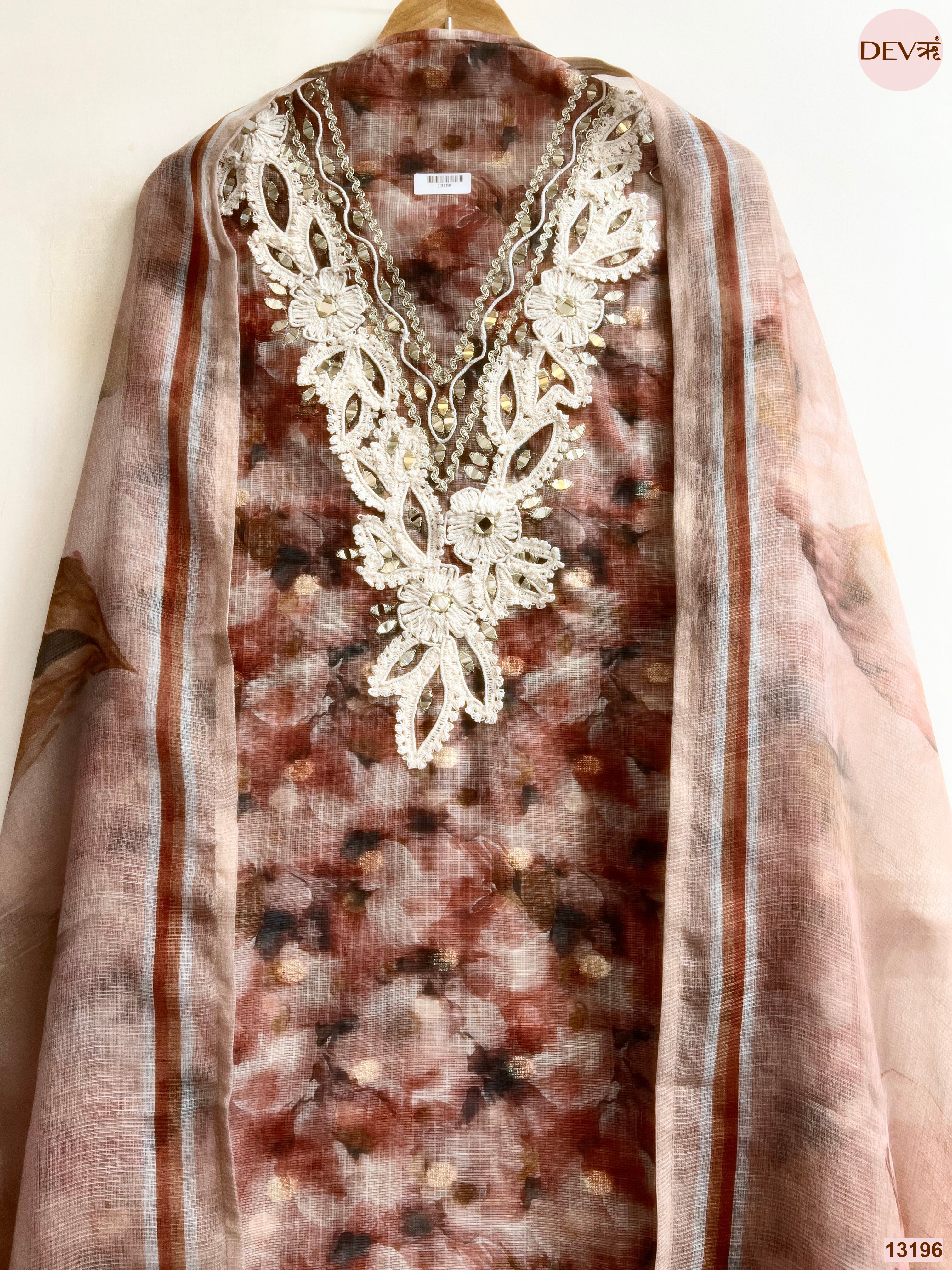Brown Kota Zari Printed Unstitched 3-Piece Suit (Devri – D.No 13196)