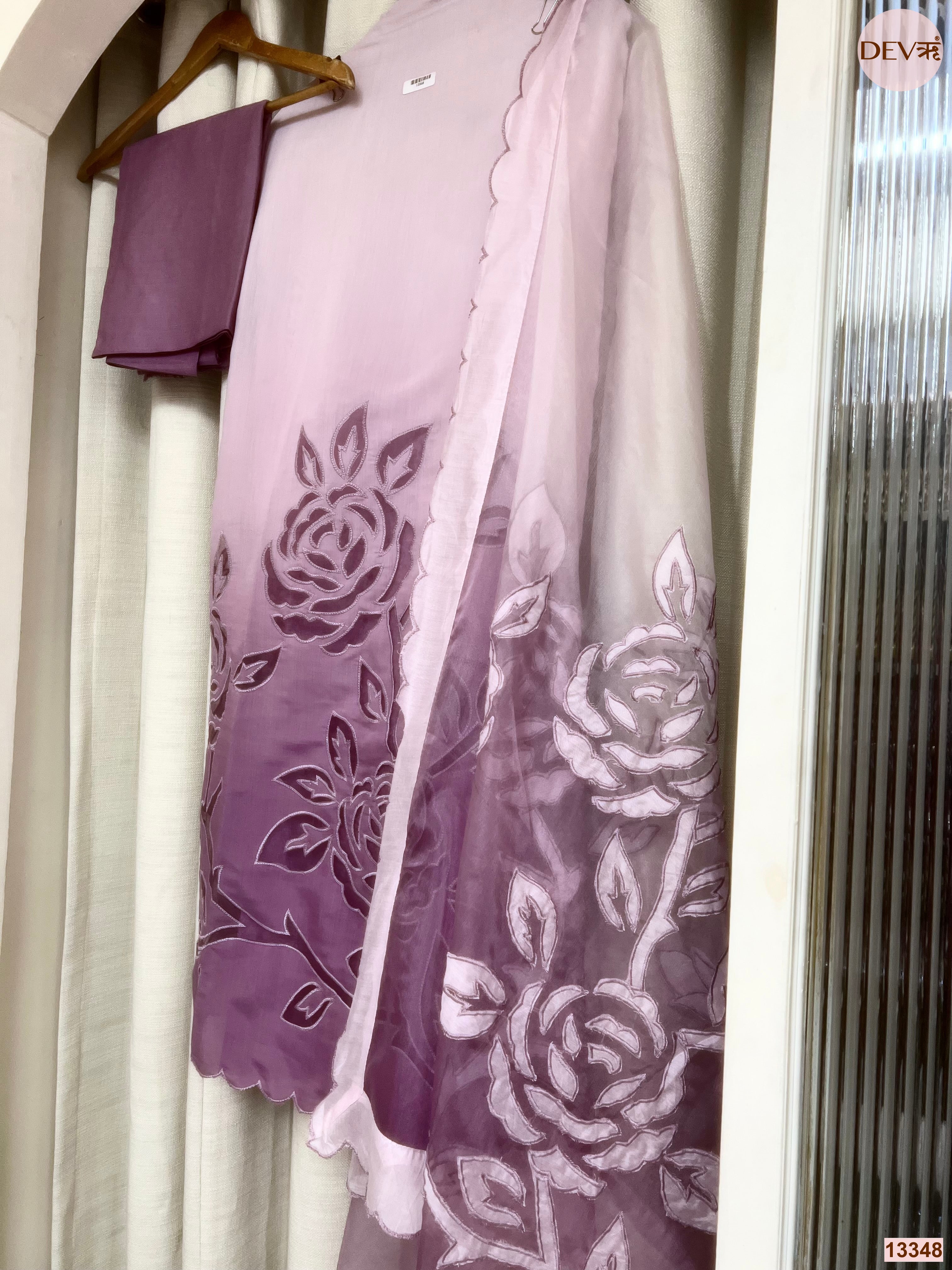 Mauve Mul Chanderi Printed Unstitched 3-Piece Suit (Devri – D.No 13348)