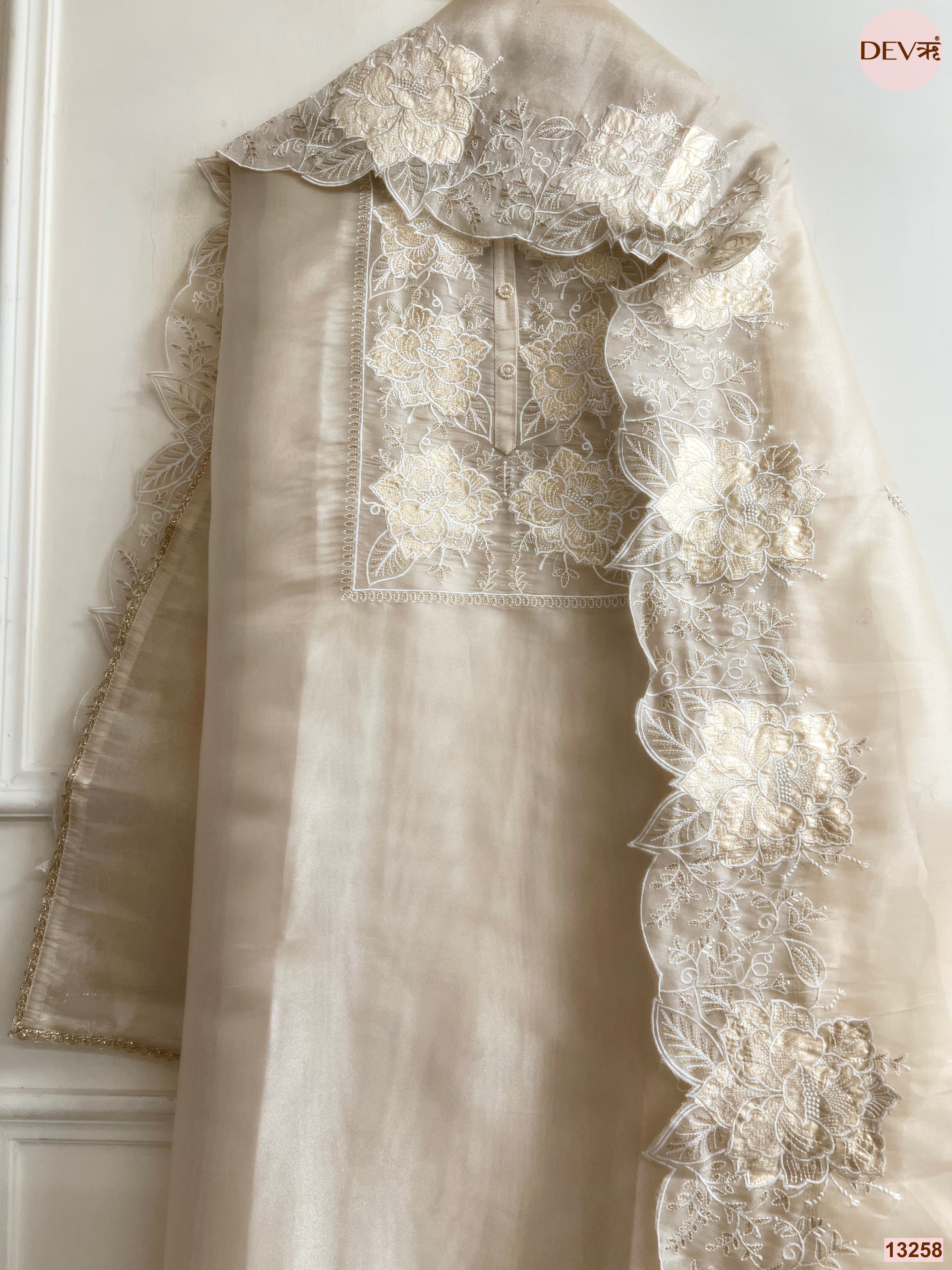 Beige Tissue Shimmer Silk Embroidered Unstitched 3-Piece Suit (Devri – D.No 13258)