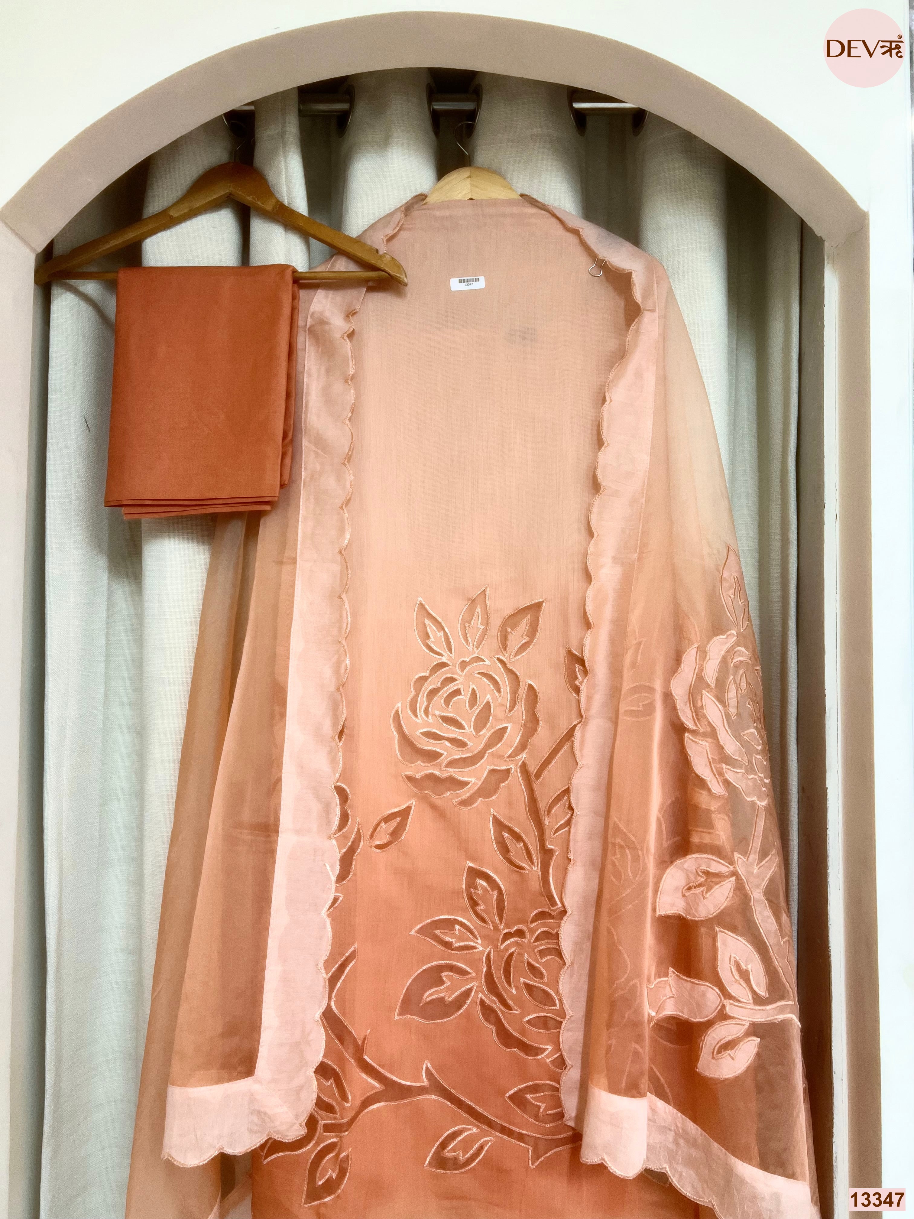 Peach Mul Chanderi Embroidered Unstitched 3-Piece Suit (Devri – D.No 13347)