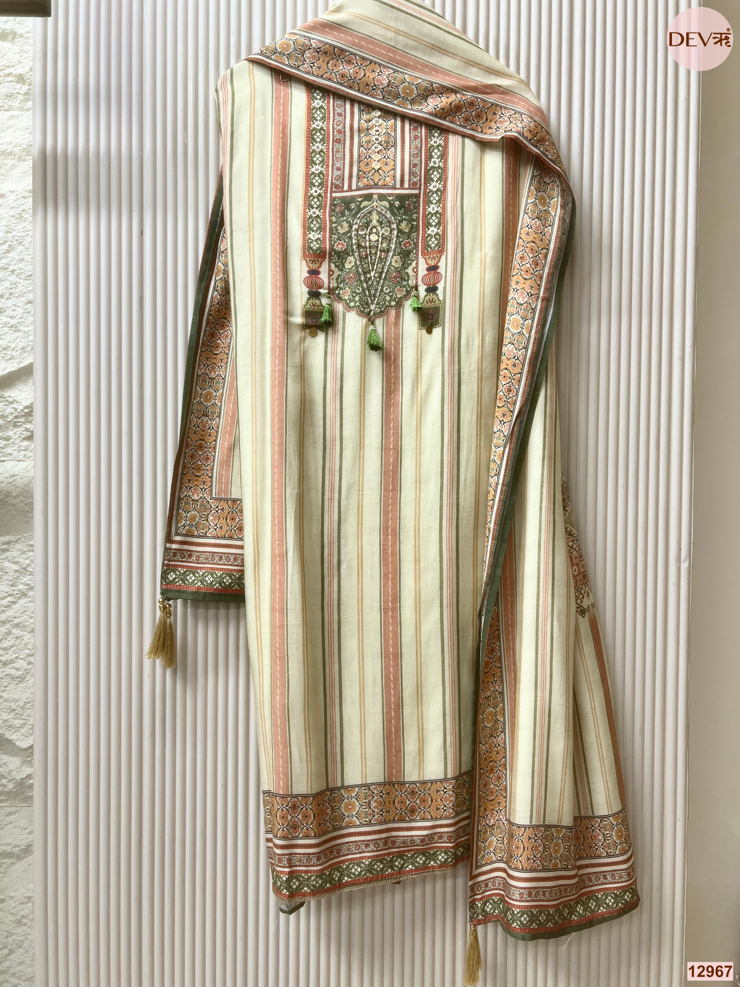 Cream Muslin Printed Unstitched 3-Piece Suit (Devri – D.No 12967)