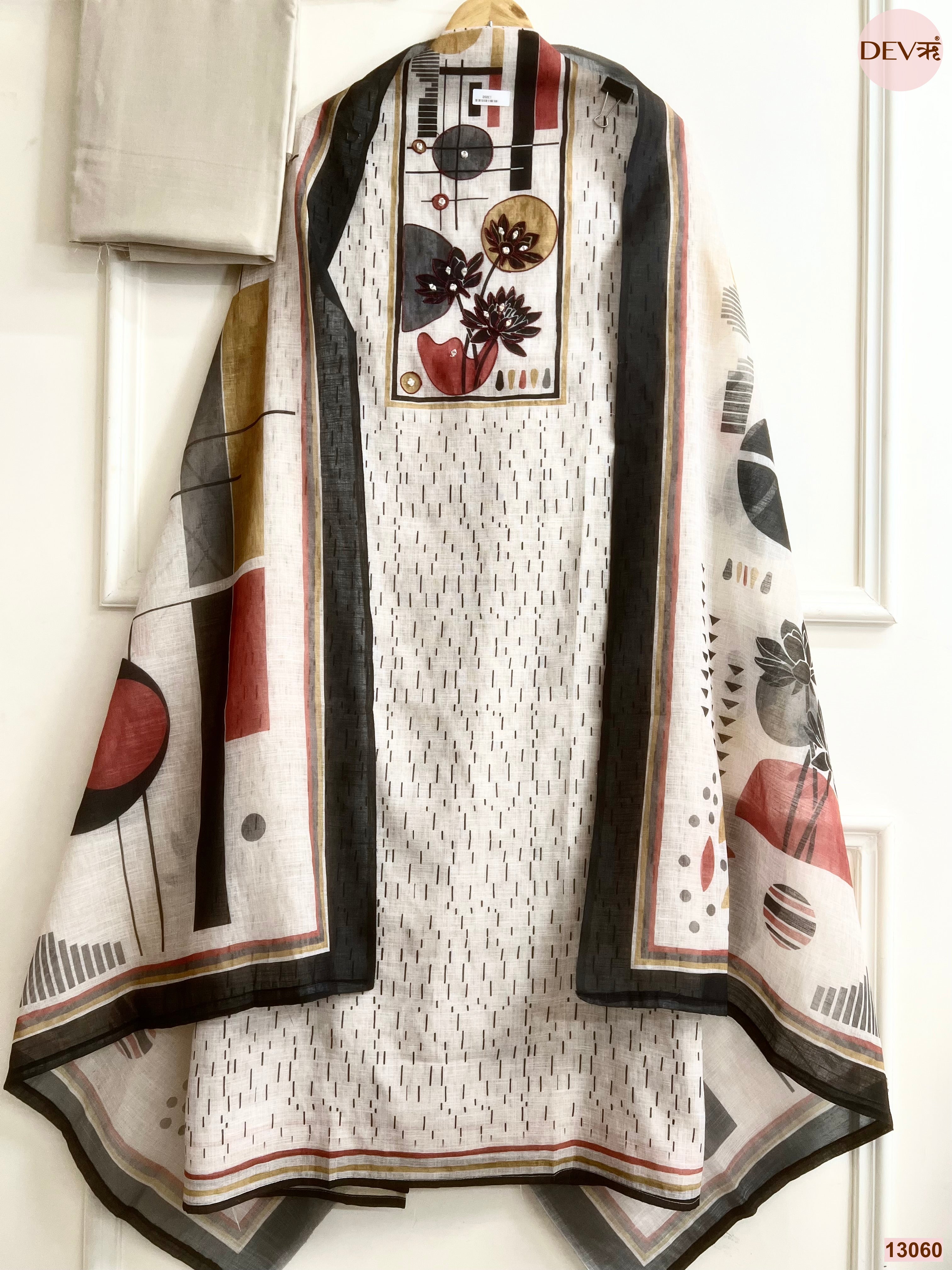 Beige Linen Cotton Printed Unstitched 3-Piece Suit (Devri – D.No 13060)