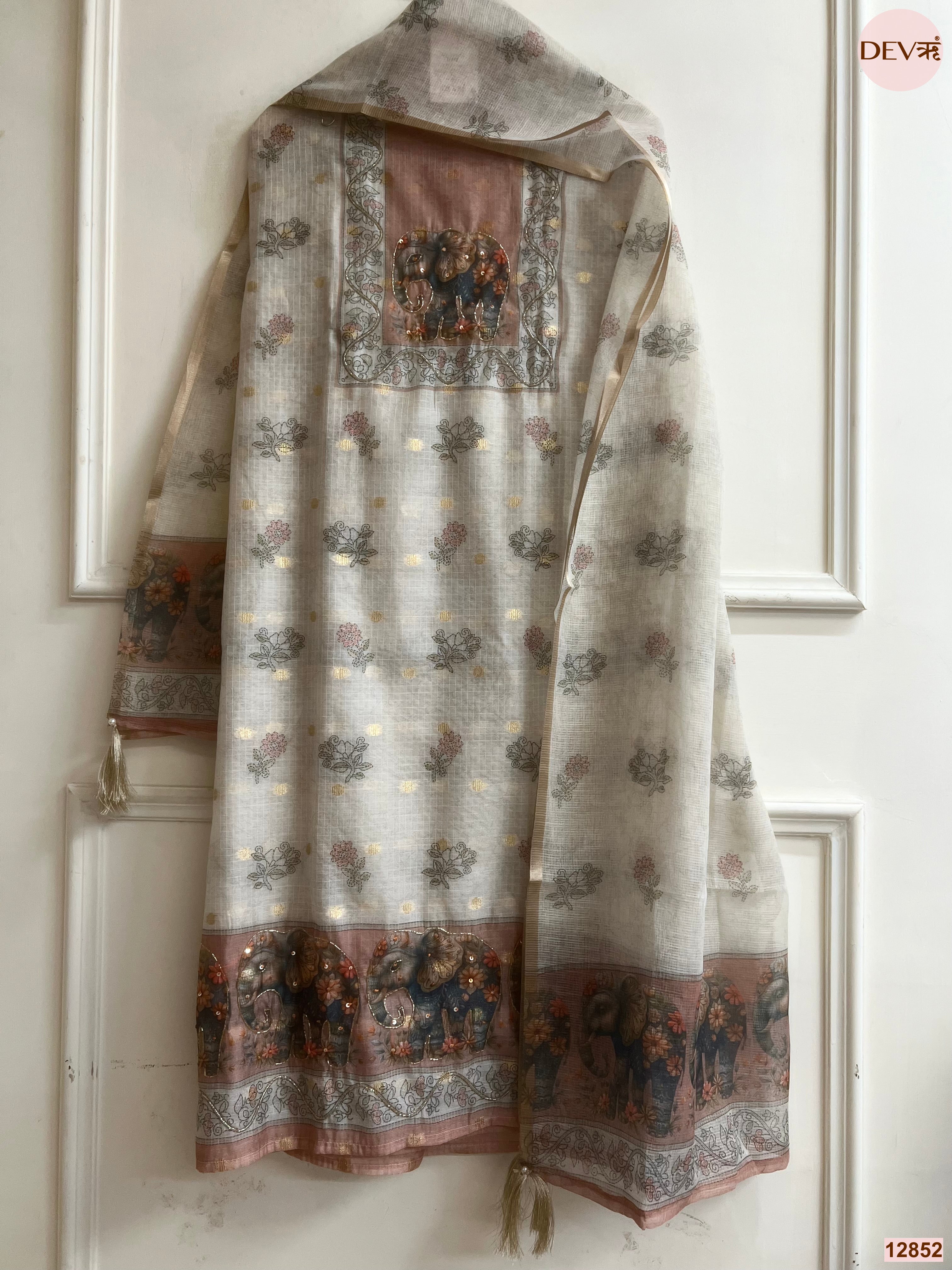 Dusty Pink Linen Cotton Printed Unstitched 3-Piece Suit (Devri – D.No 12852)
